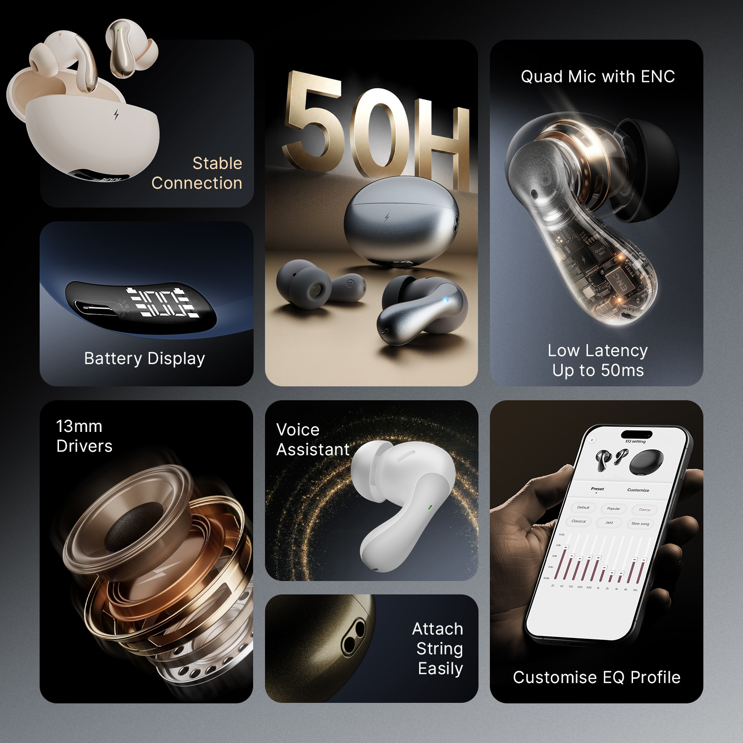 Image of Fire-Boltt Aero Drift TWS Earbuds, Custom EQ Profiles 50H Battery Display Case Quad Mic ENC Bluetooth