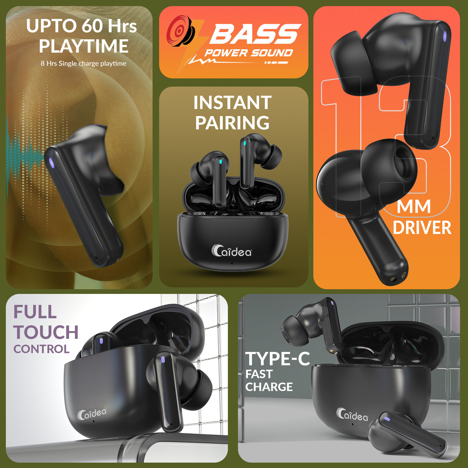 Image of Caidea TW88 Candy V5.4, Upto 60Hr Playtime* Dual Pairing Fast Charging Earbuds Bluetooth