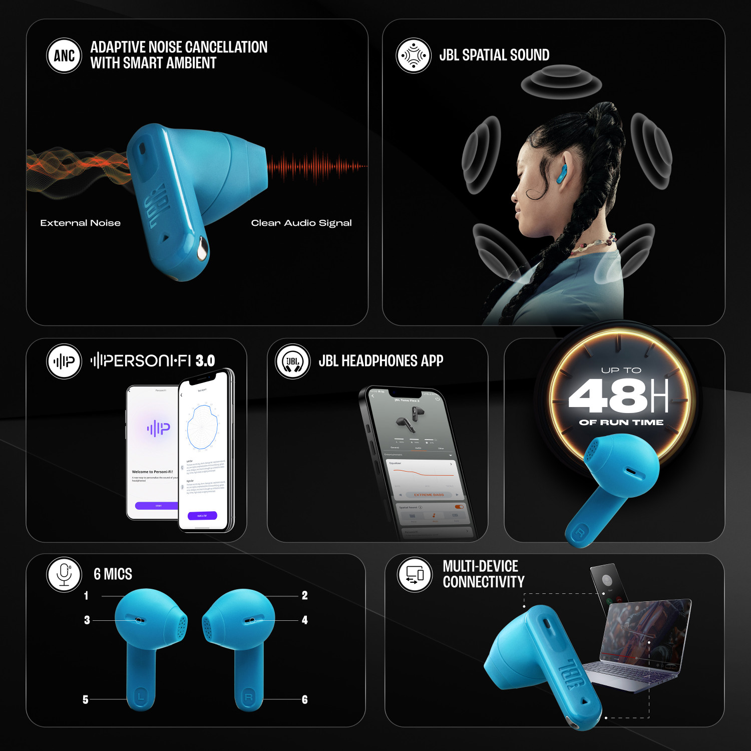 Image of JBL Tune Flex 2 TWS, ANC Earbuds, 48Hr Playtime,6 Mics,Dual Connect,Personi-Fi 3.0 Bluetooth