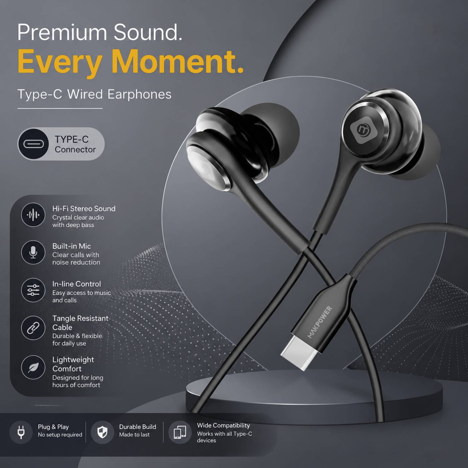 MAK POWER Type-C Wired Earphone, 120 cm Cable, in-Line Mic - Image 3
