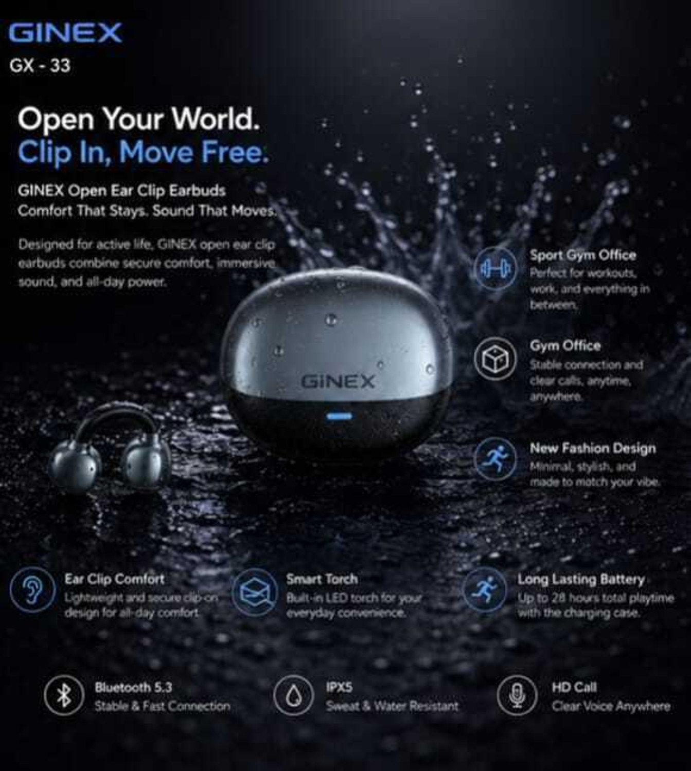 Image of GINEX GX-33 Bluetooth Headset (Black, Purple, True Wireless)