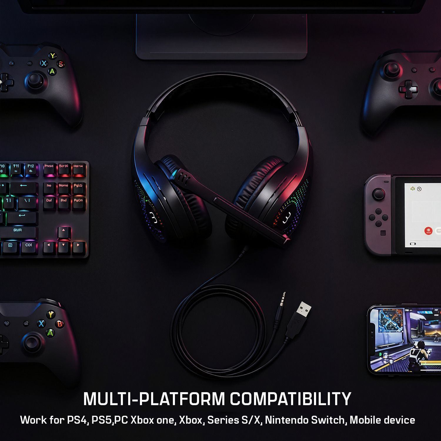 Image of Bestor RGB Wired Gaming Headset with Mic | Dual USB + 3.5mm Jack | Gaming Headphones Wired