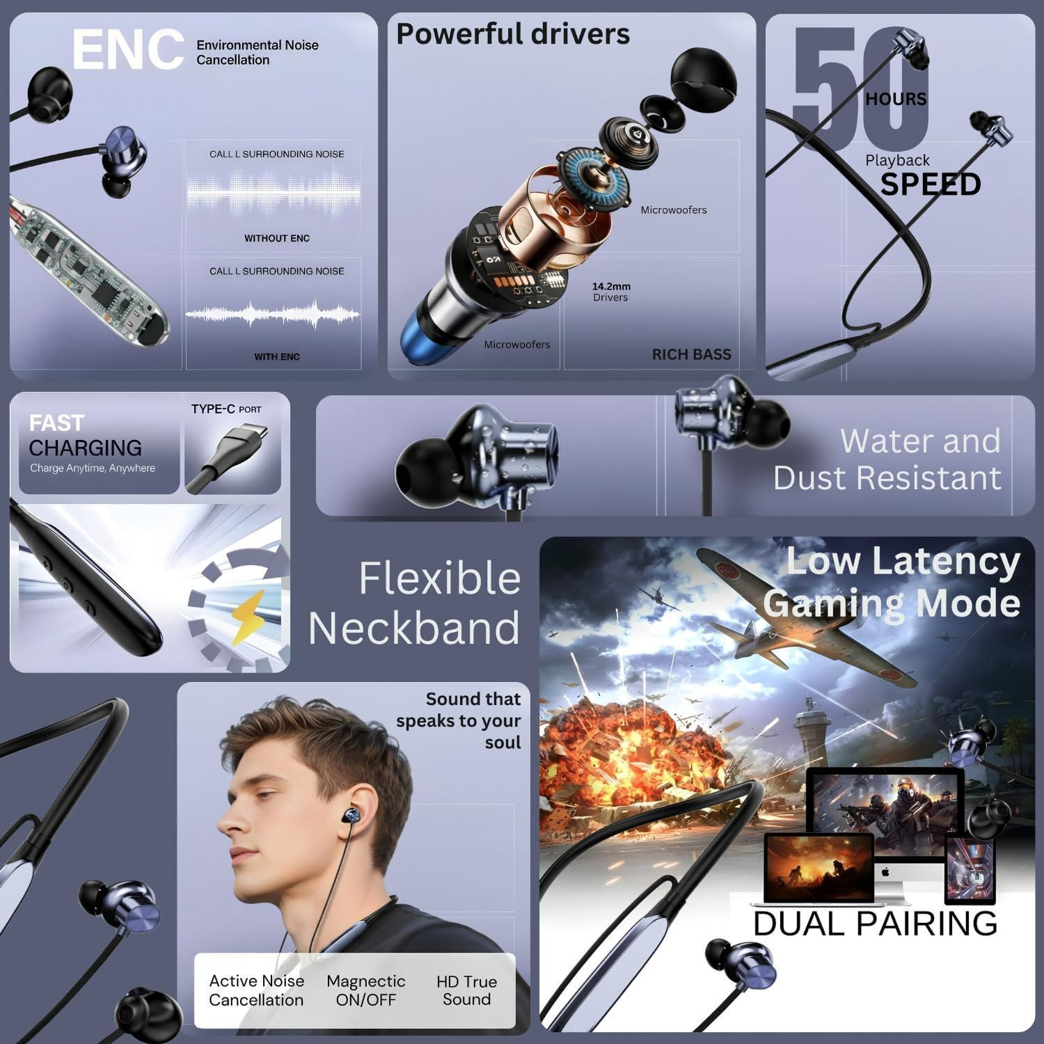 Image of ROKAVO Collar neckband long time battery backup headphone neckband earphone Bluetooth
