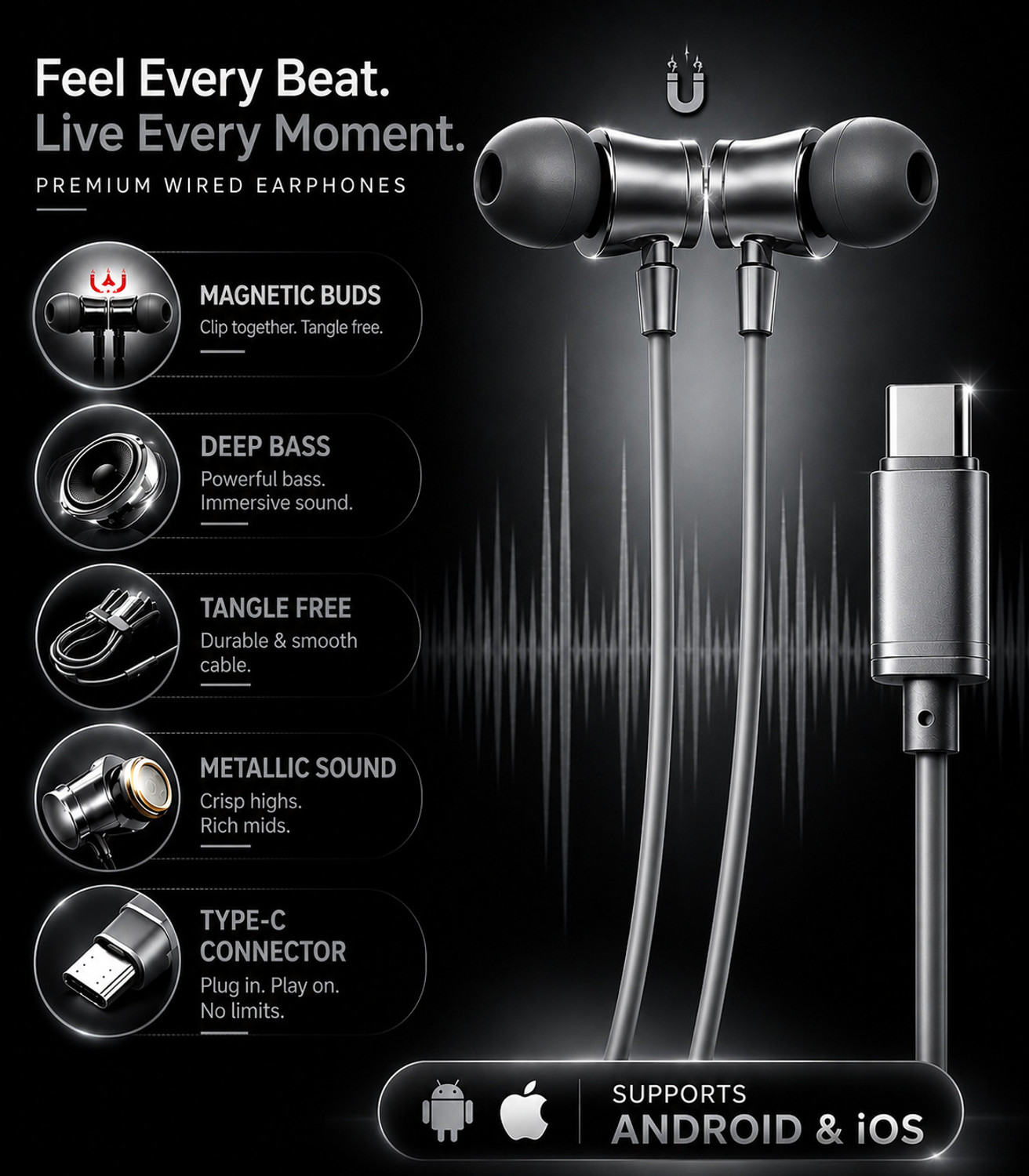 Image of PROWARP Type-C Wired Earphones with Super HD Sound, Deep Bass, Built-in Microphone Wired
