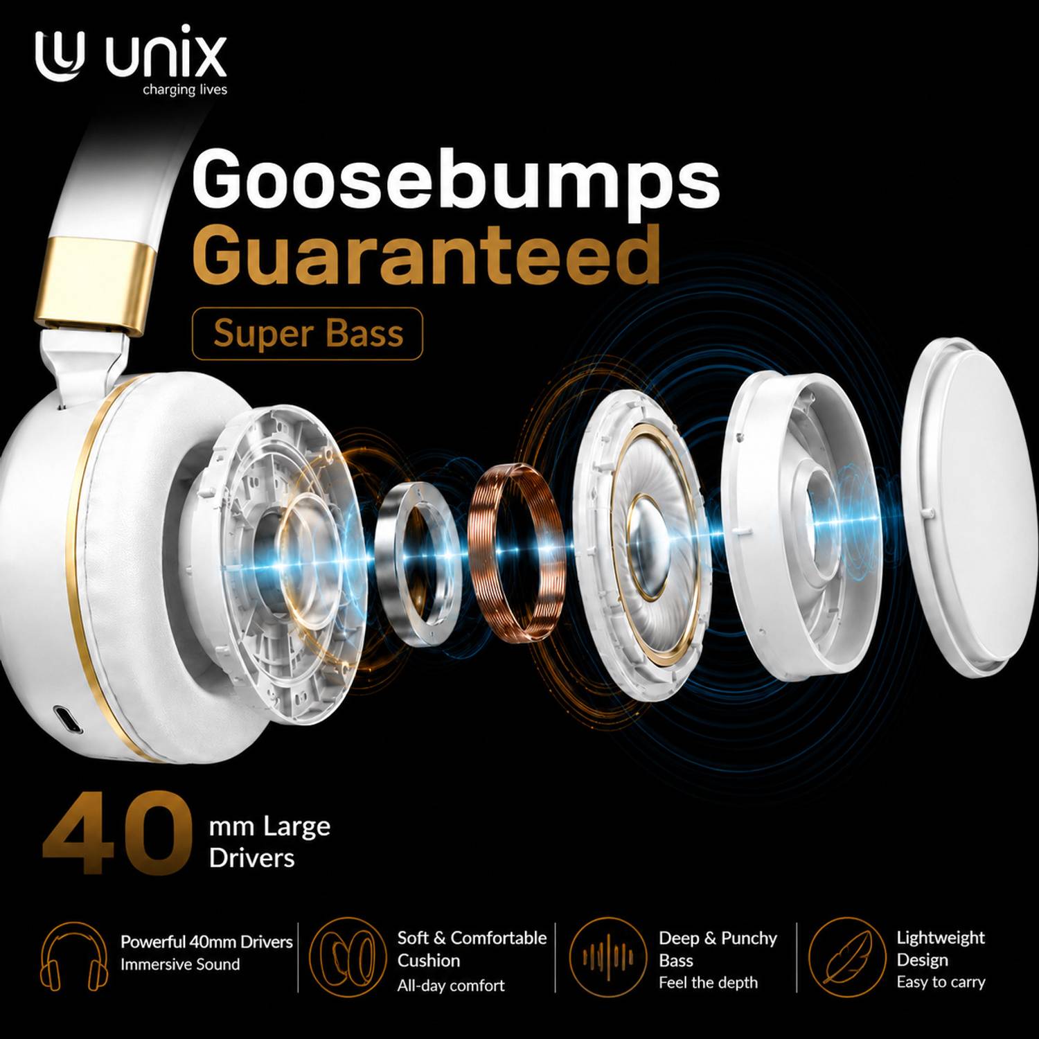 Unix Wireless Headphones 12Hrs Playtime 40MM Drivers - Image 3