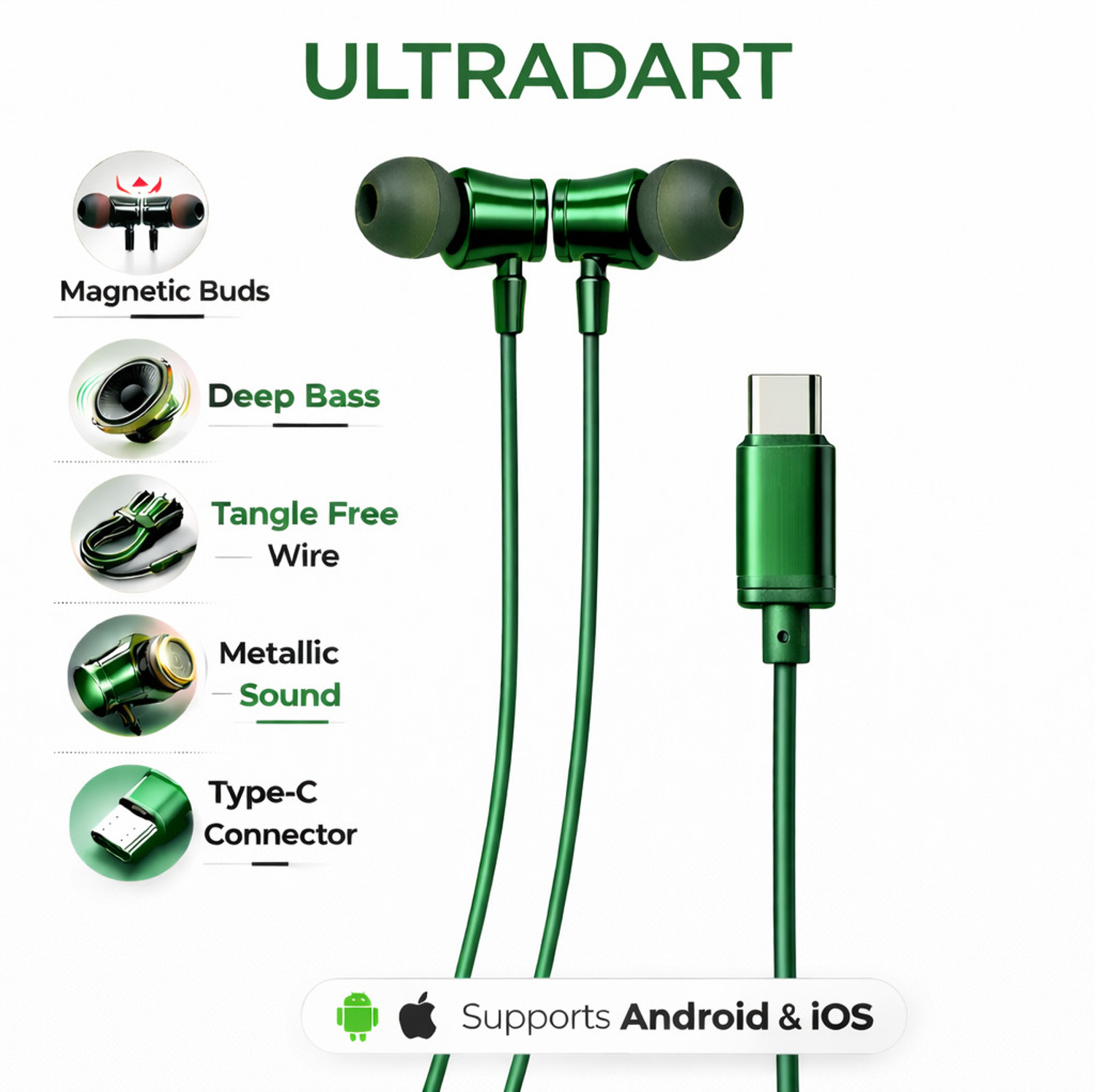 Image of ULTRADART Type-C Wired Earphone with Mic | HD Sound & Deep Bass | For Android & iOS Wired