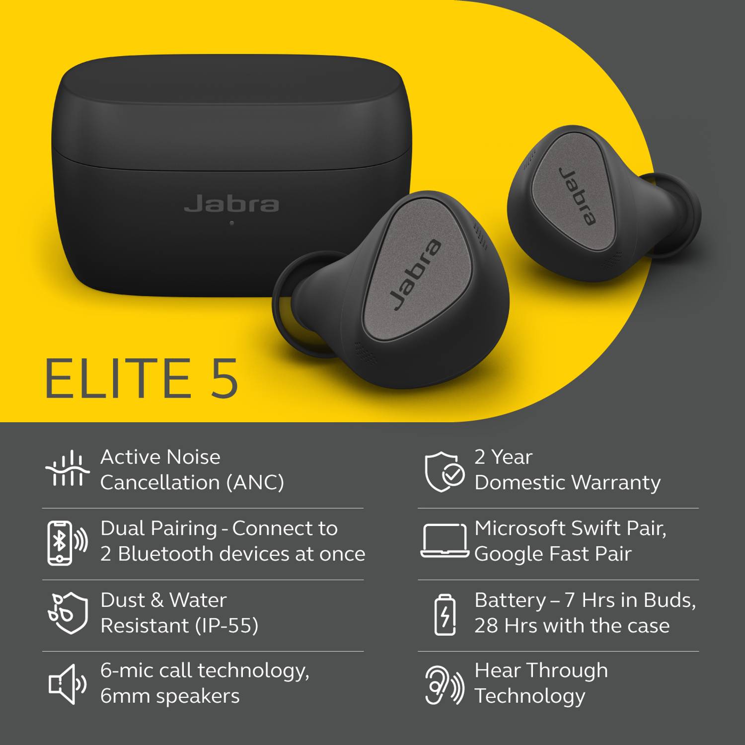 JABRA Elite 5 Headsets with ANC, Multipoint, 6-mic call technology