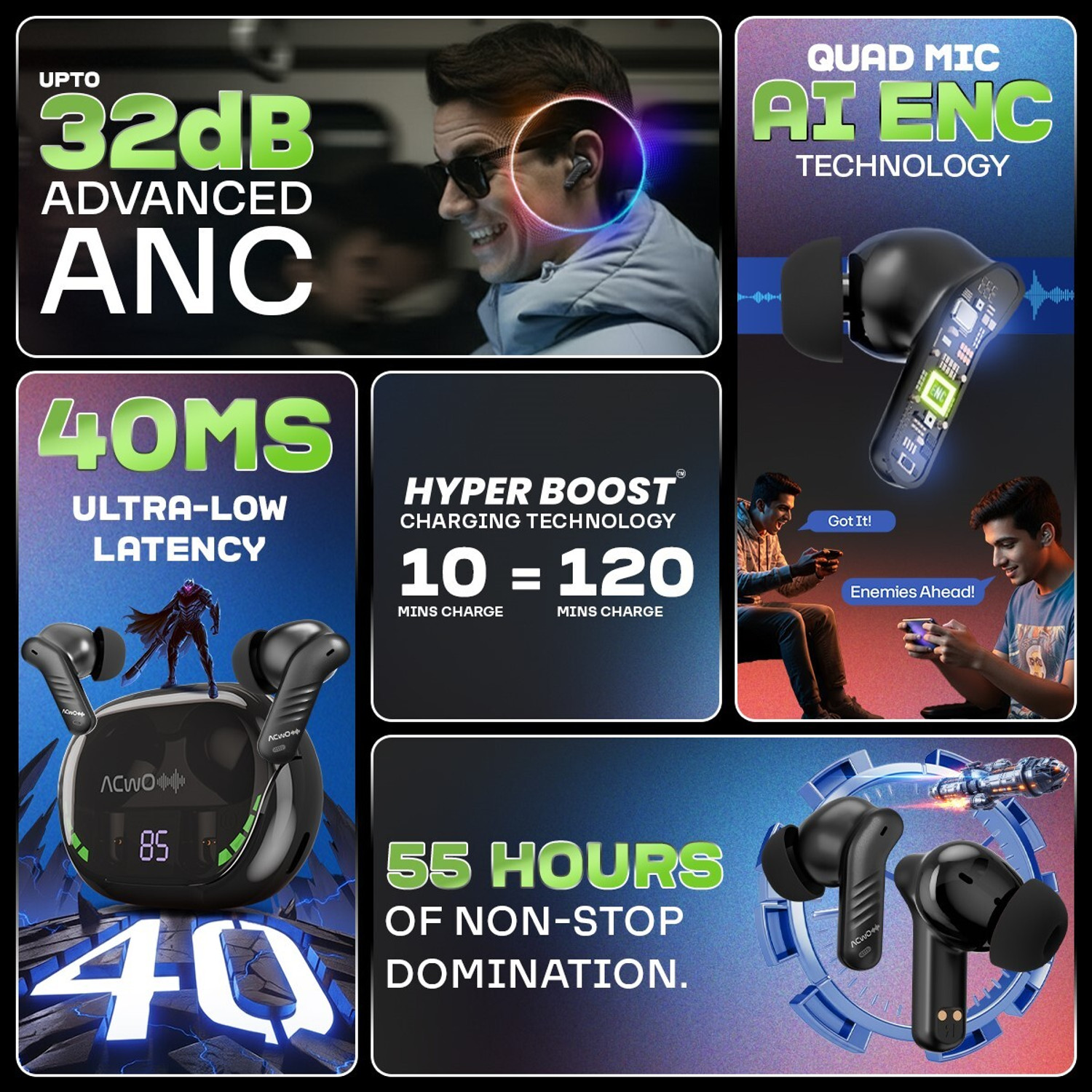 Image of ACwO DwOTS 565 40ms Game Mode, 55Hrs Playtime, up to 32dB ANC, 10mm Drivers Bluetooth Gaming