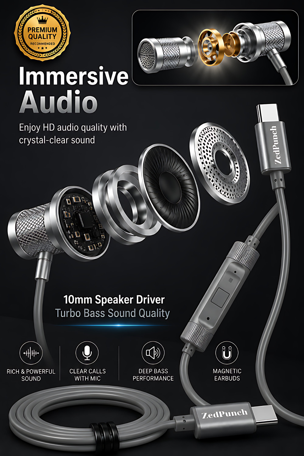 Image of ZedPunch Gaming Type-C Wired Magnetic Earphones With Mic & 1 Button Control USB-C Devices Wired Gaming