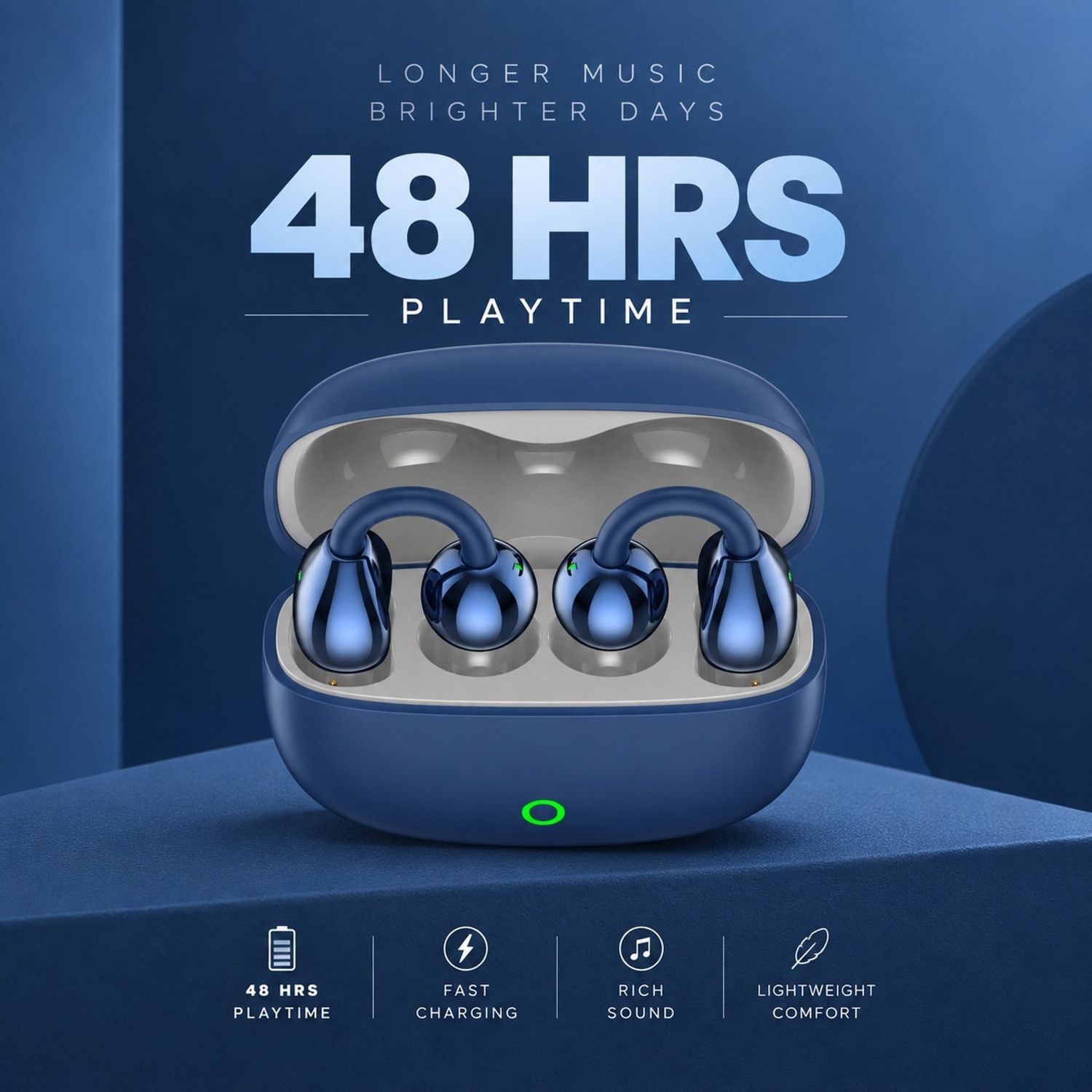 Image of AMS Air Clips OWS Pro Buds, 48Hrs Playtime, 360 Spatial Audio, Quad Mic ENC Bluetooth Headset (Blue, True Wireless)
