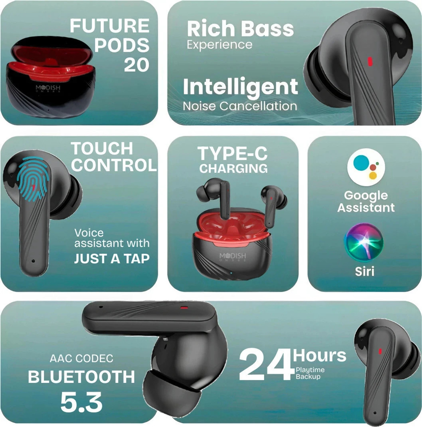 Image of ModishOmbre Future pods 20 black & red | 13 mm Driver | Super Bass TWS Earbuds Bluetooth