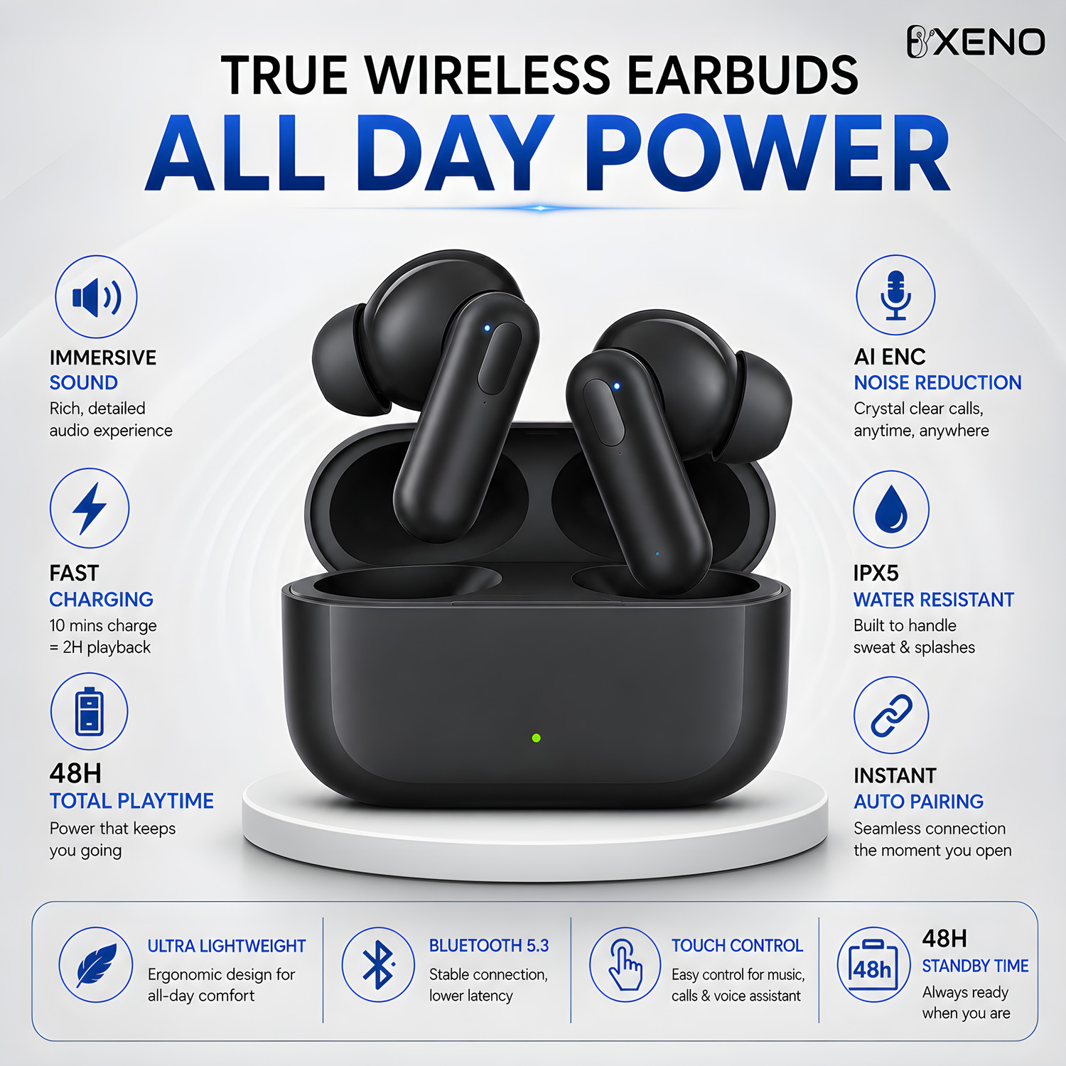 Image of Bxeno Nord Buds 3r TWS Earbuds up to 48HR Playback,2 Mic Clear Call 3D Spatial Audio6 Bluetooth