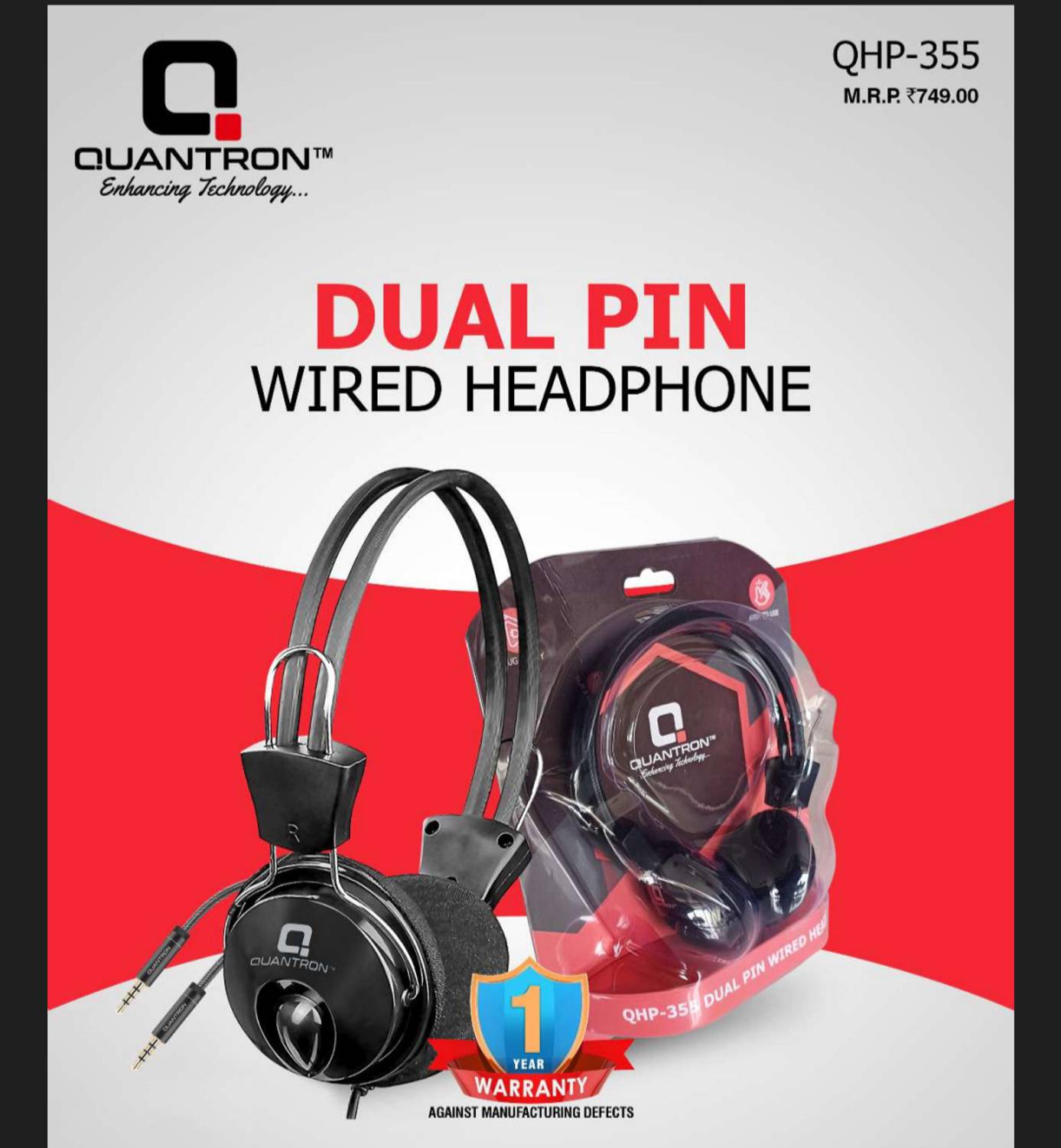 Quantron QHP-355 DUAL PIN WIRED HEADPHONE Sound with Noise Isolat