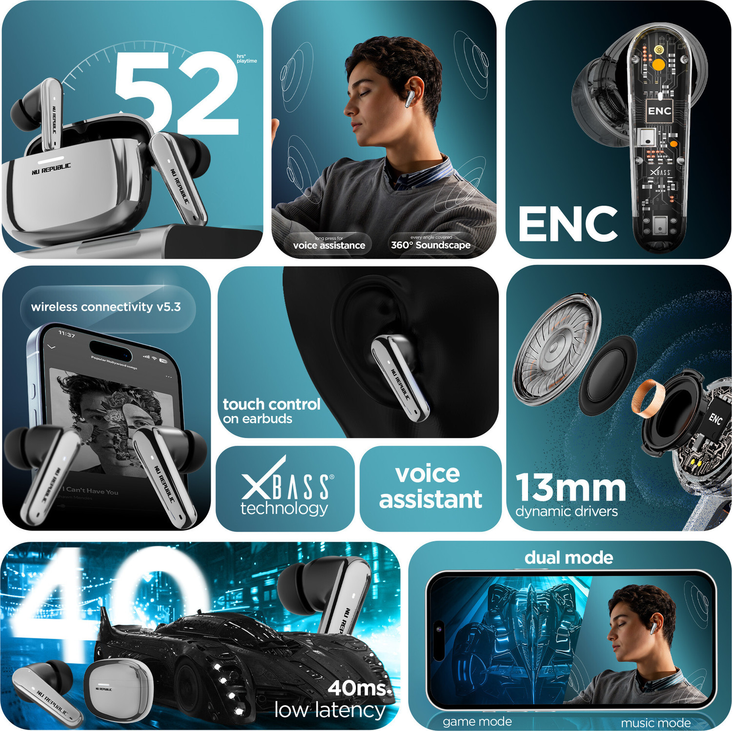 Image of Nu Republic Epic X4 with 52 hrs Playtime, X-Bass Technology, Dual ENC Mics, Fast Charging Bluetooth