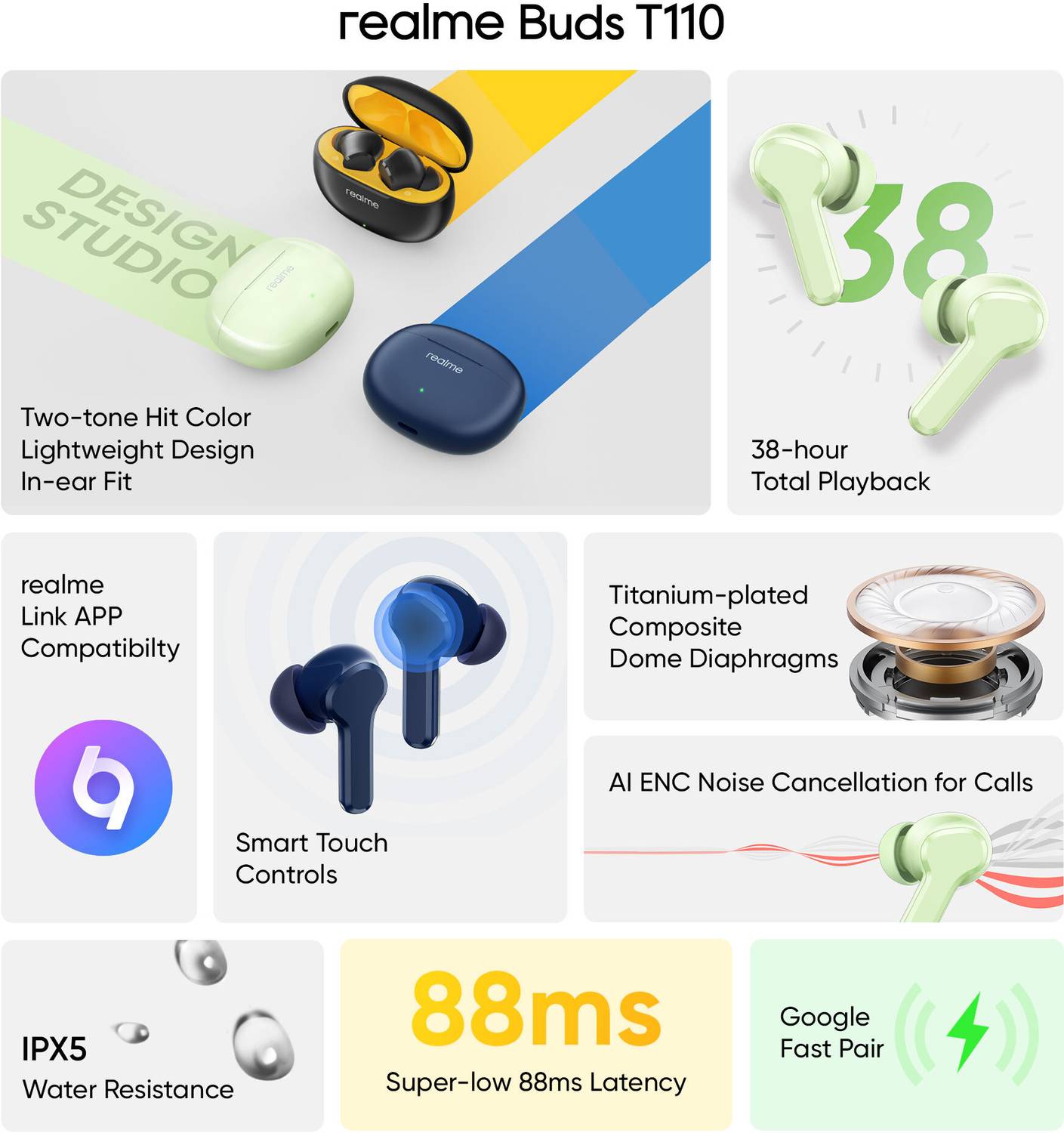realme Buds T110 AI ENC Bluetooth Earbuds - Image 2