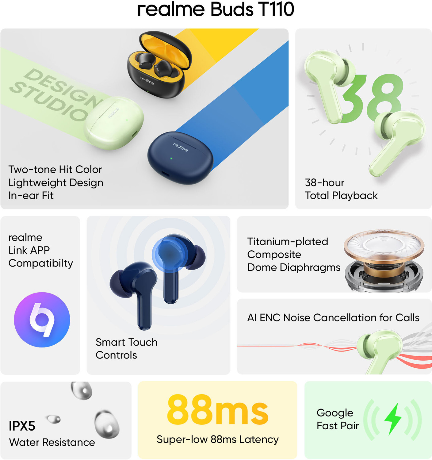 Image of realme Buds T110 with AI ENC for calls, upto 38 hours of Playback and Fast Charging Bluetooth