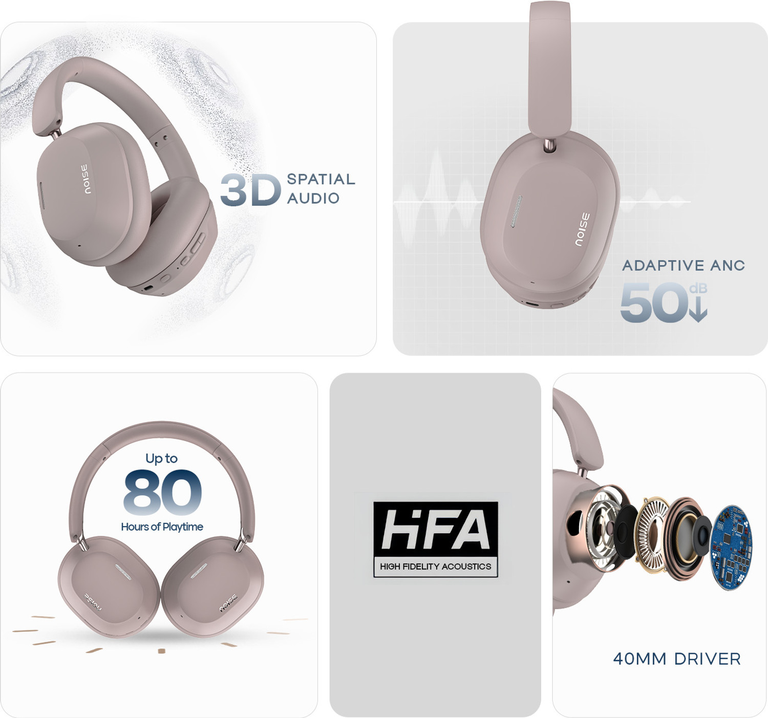 Image of Noise Airwave Max 5 with 80Hr Playtime, HFA Tech, Adaptive ANC (50dB) & Dual Pairing Bluetooth Headset (Mauve Haze, On the Ear)