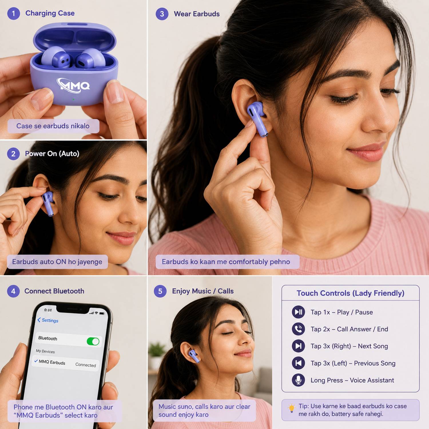 MMQ Wireless Earbuds Bluetooth Purple - Image 5
