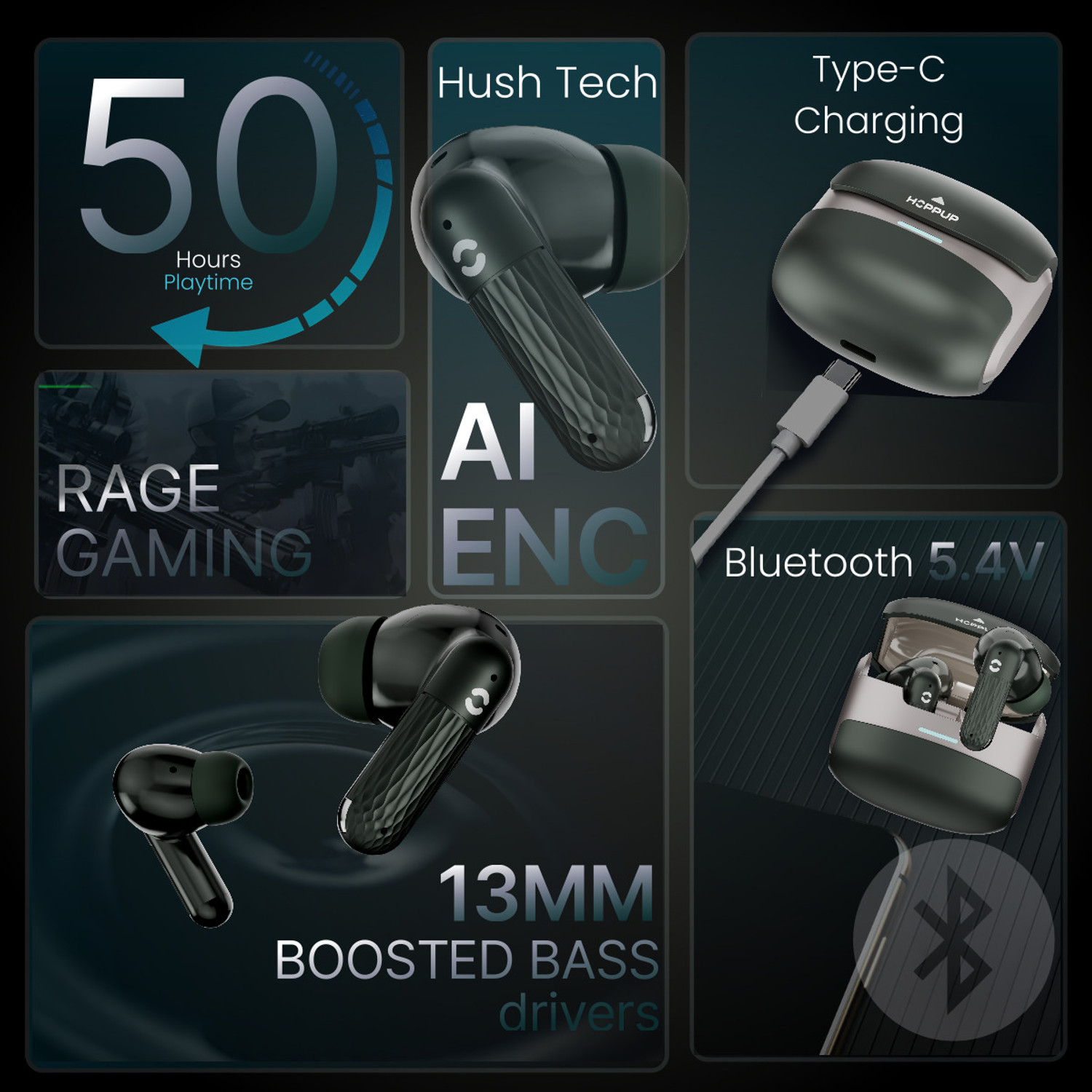 Image of HOPPUP AirDoze Venom Gaming Earbuds with 50H PlayTime, 40MS Low Latency, AI ENC & 5.4v Bluetooth
