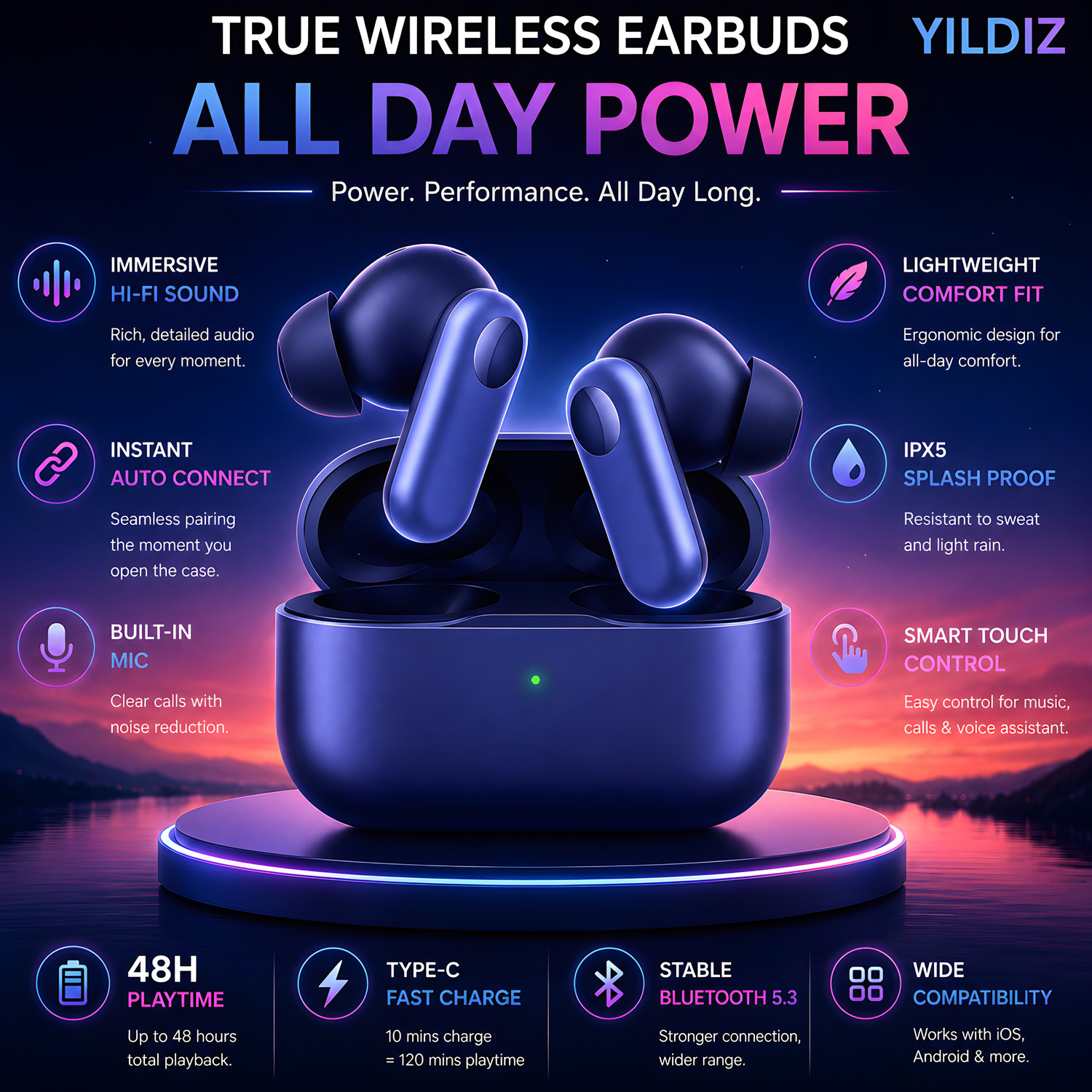 Image of Yildiz Nord CE 2 Wireless Earbuds with Mic,12.4mm Deep Bass Drivers,Bluetooth Earbuds[6 Bluetooth