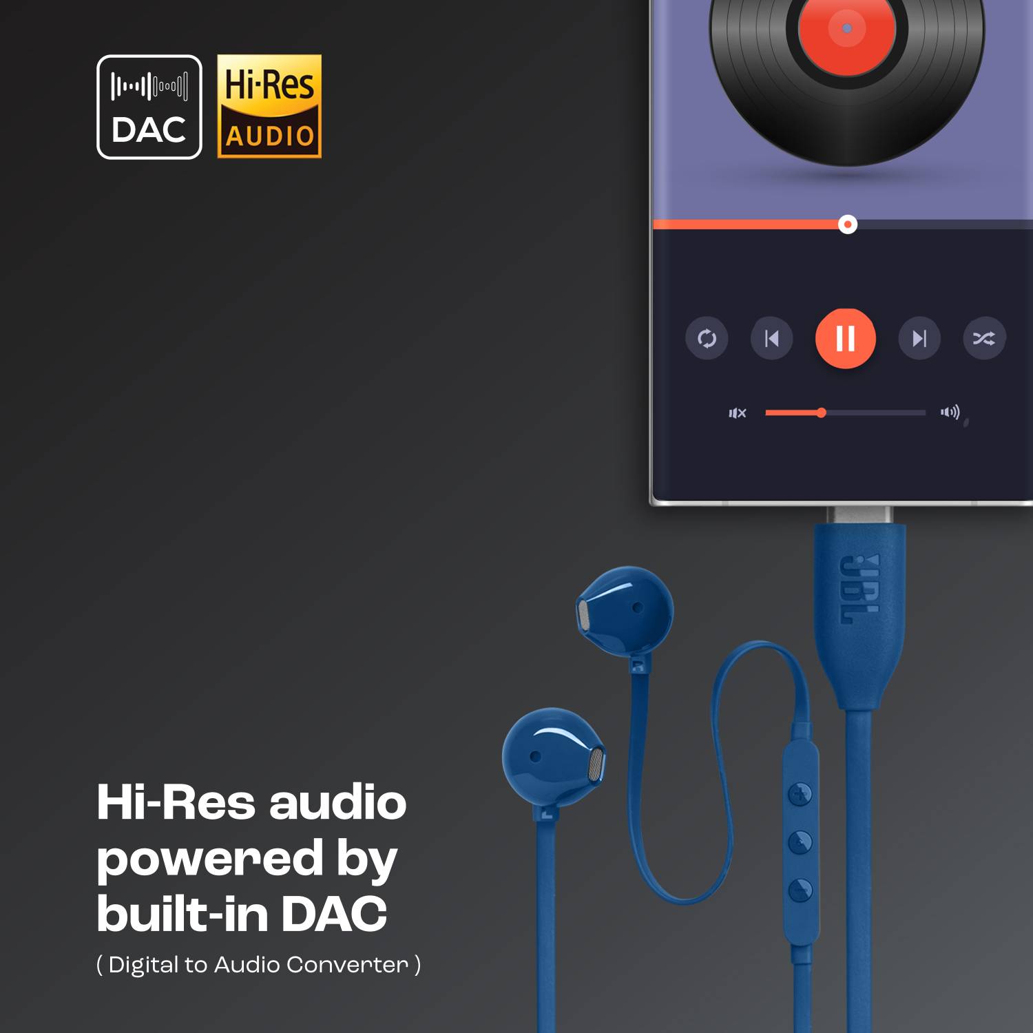JBL Tune 305C, Hi-Res Audio with DAC , 3-Button EQ , Compatible