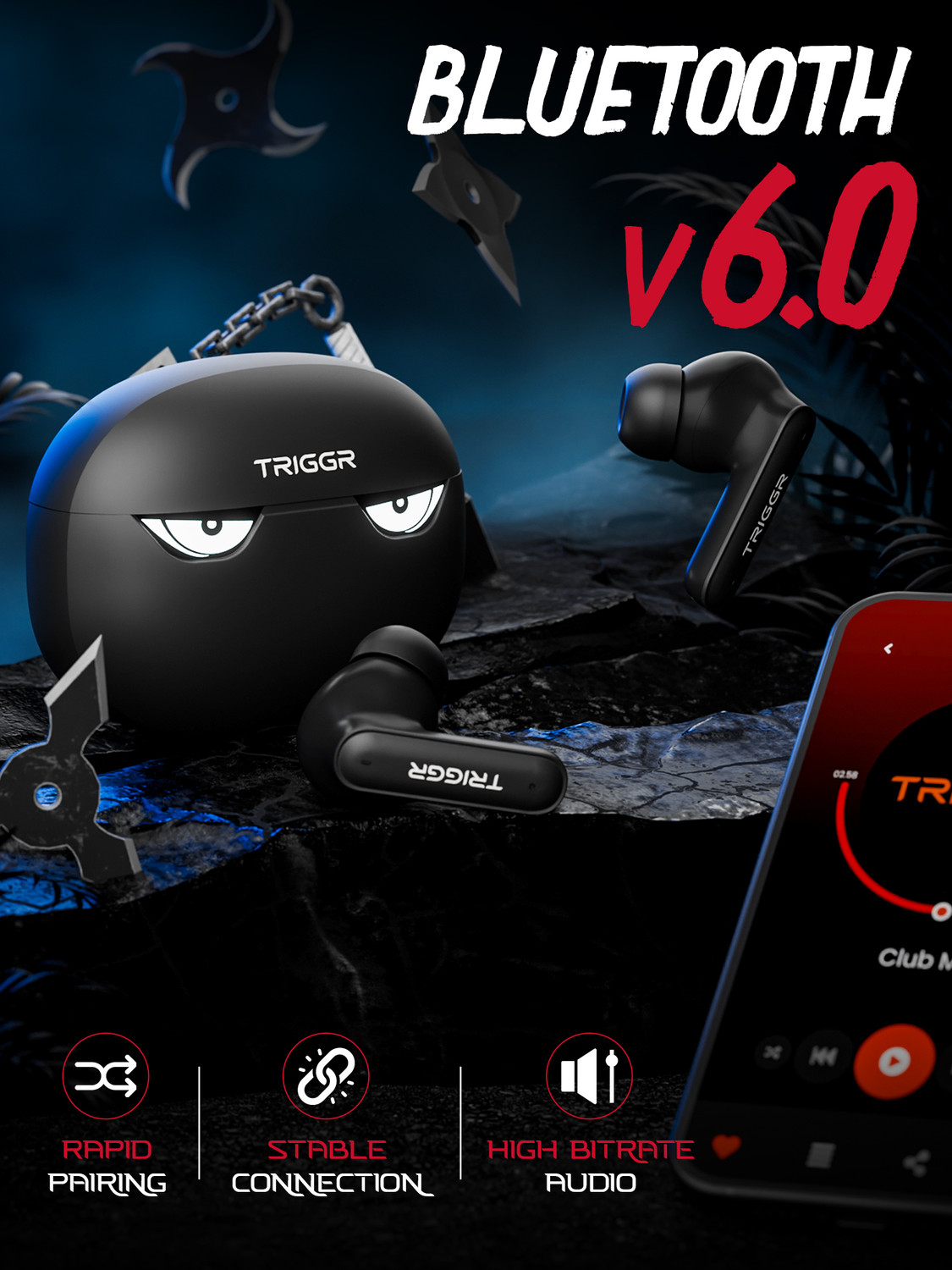 Image of TRIGGR Kraken X5 with 50H Battery, BT v6.0, 40 ms Low Latency, 4-Mic ENC, Rapid Pairing Bluetooth