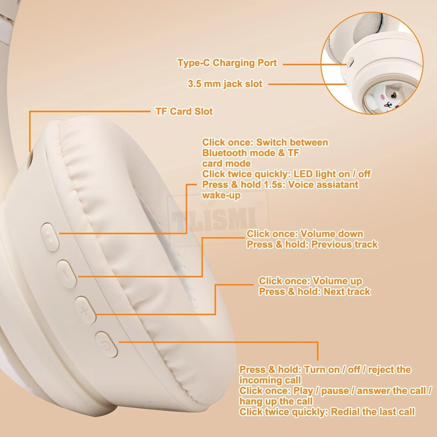 Image of Tlismi Foldable Cute Cat Ear Bluetooth Headphones LED Light with Microphone for Kids Bluetooth & Wired