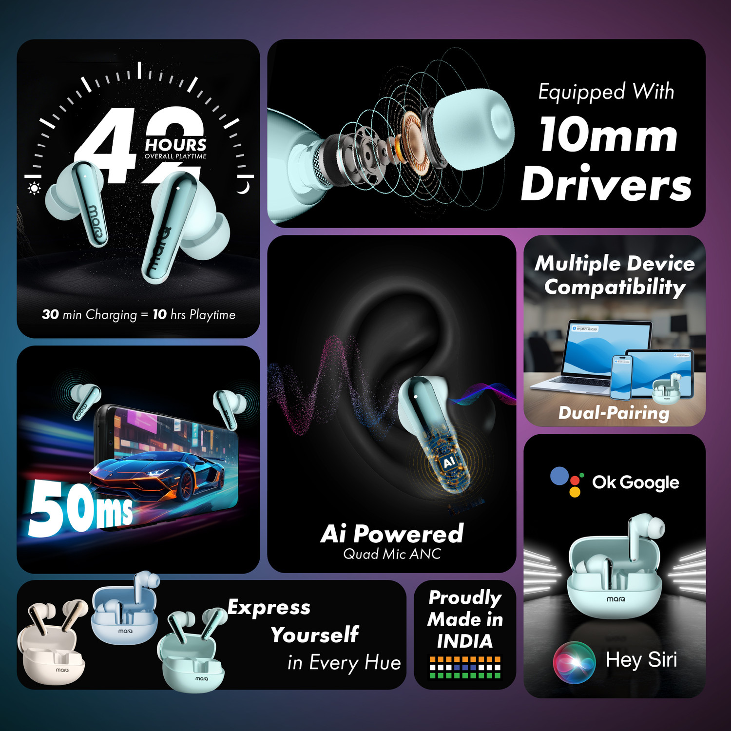 Image of MarQ by Flipkart Rhythm Q1050 42 Hours Playtime Type C Fast Charging Bluetooth Quad Mic ANC Bluetooth