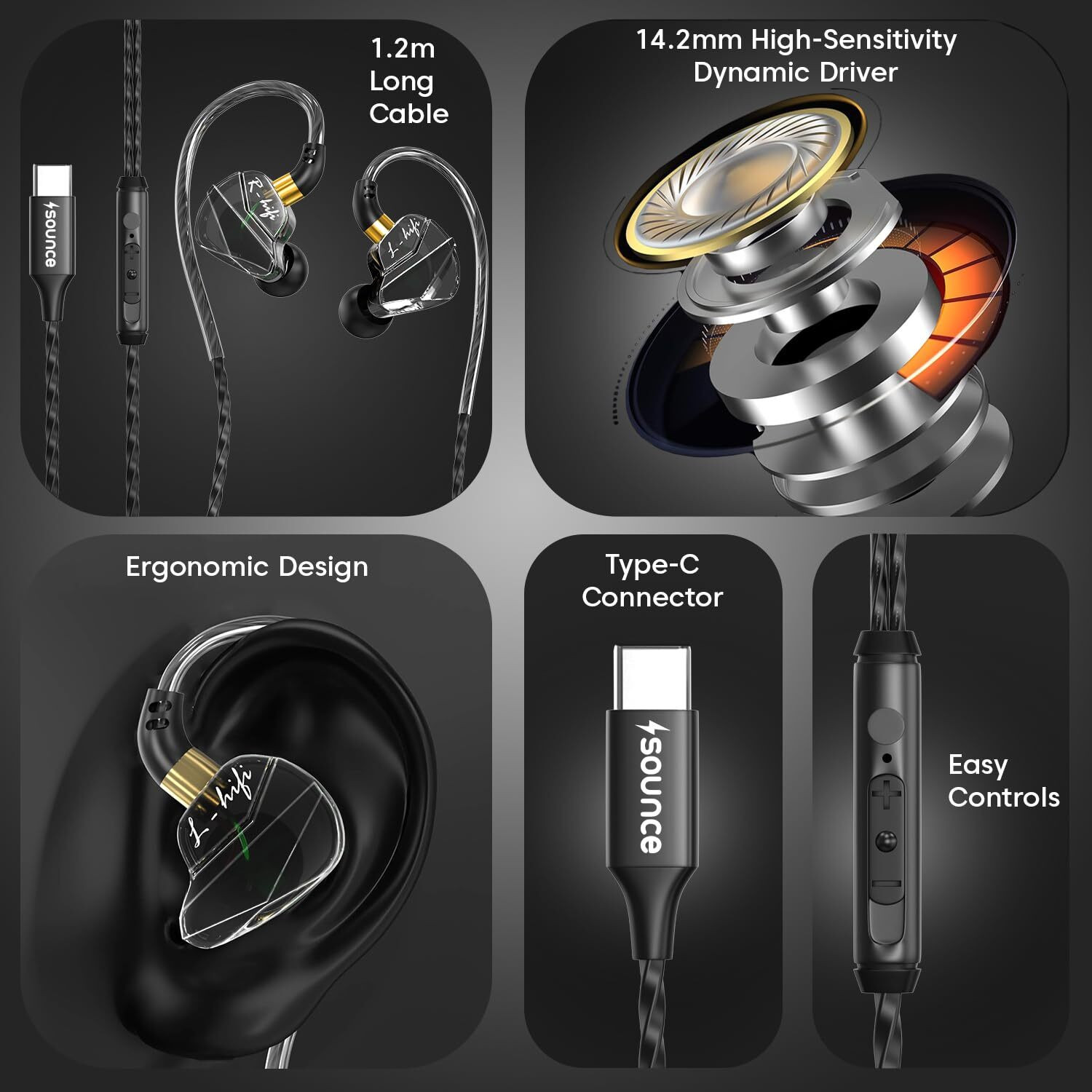 Image of sounce Type-C Wired Earphones with 14.2mm Driver, HD Mic & Deep Bass Wired