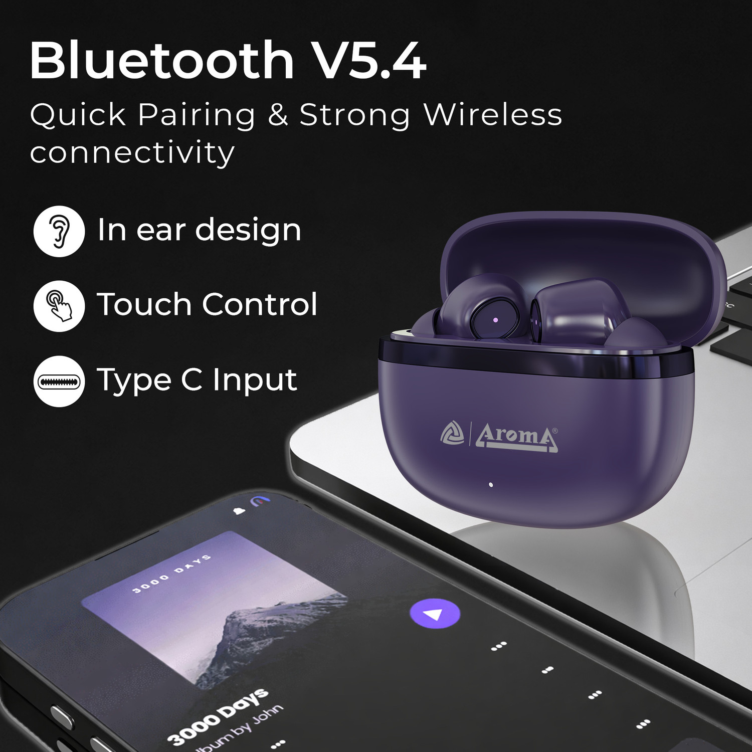 Image of Aroma TWS 24 Ion V5.4 Upto 70Hr Playtime* ENC Dual Paring Fast Charging, Heavy Bass Bluetooth