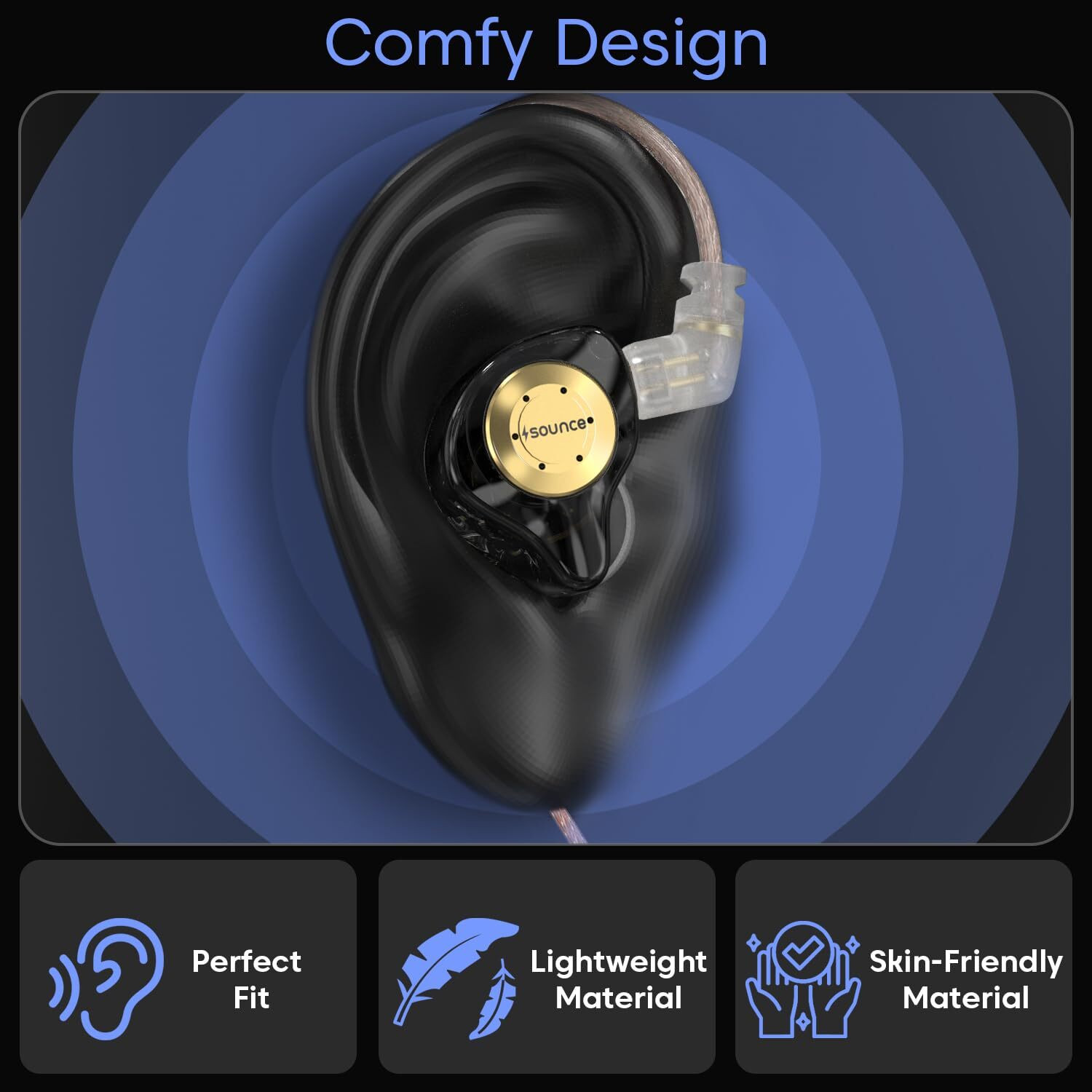 Image of sounce HiFi Stereo IEM Earphones with Dual Magnetic Drivers & Detachable Cable Wired Headset (Black, In the Ear)