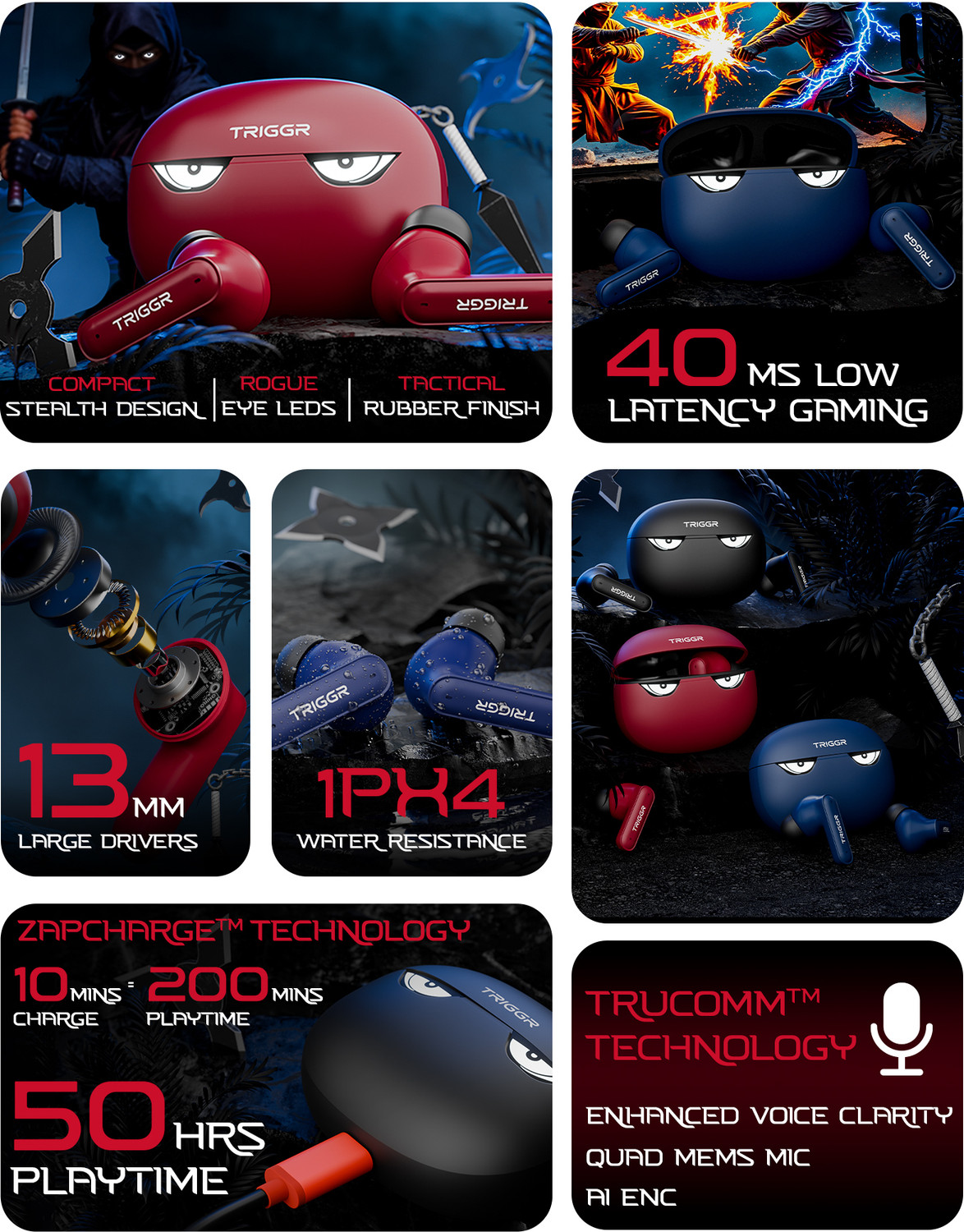 Image of TRIGGR Kraken X5 with 50H Battery, BT v6.0, 40 ms Low Latency, 4-Mic ENC, Rapid Pairing Bluetooth