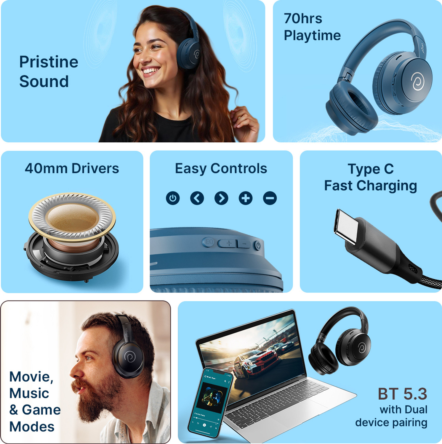 Image of PTron Studio Evo w / 70Hrs Playtime,Dual Pairing,Pristine Audio,Clear Calls,Fast Charge Bluetooth