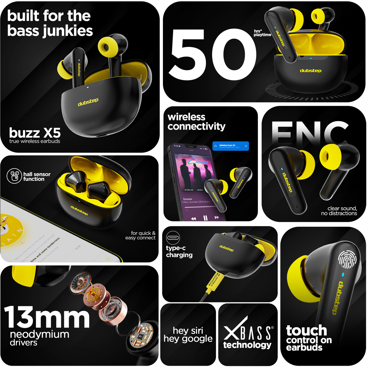 Image of Dubstep Buzz X5 with 50 hrs Playtime, X-Bass, ENC, 13mm Dynamic Drivers, Hall Sensor Bluetooth