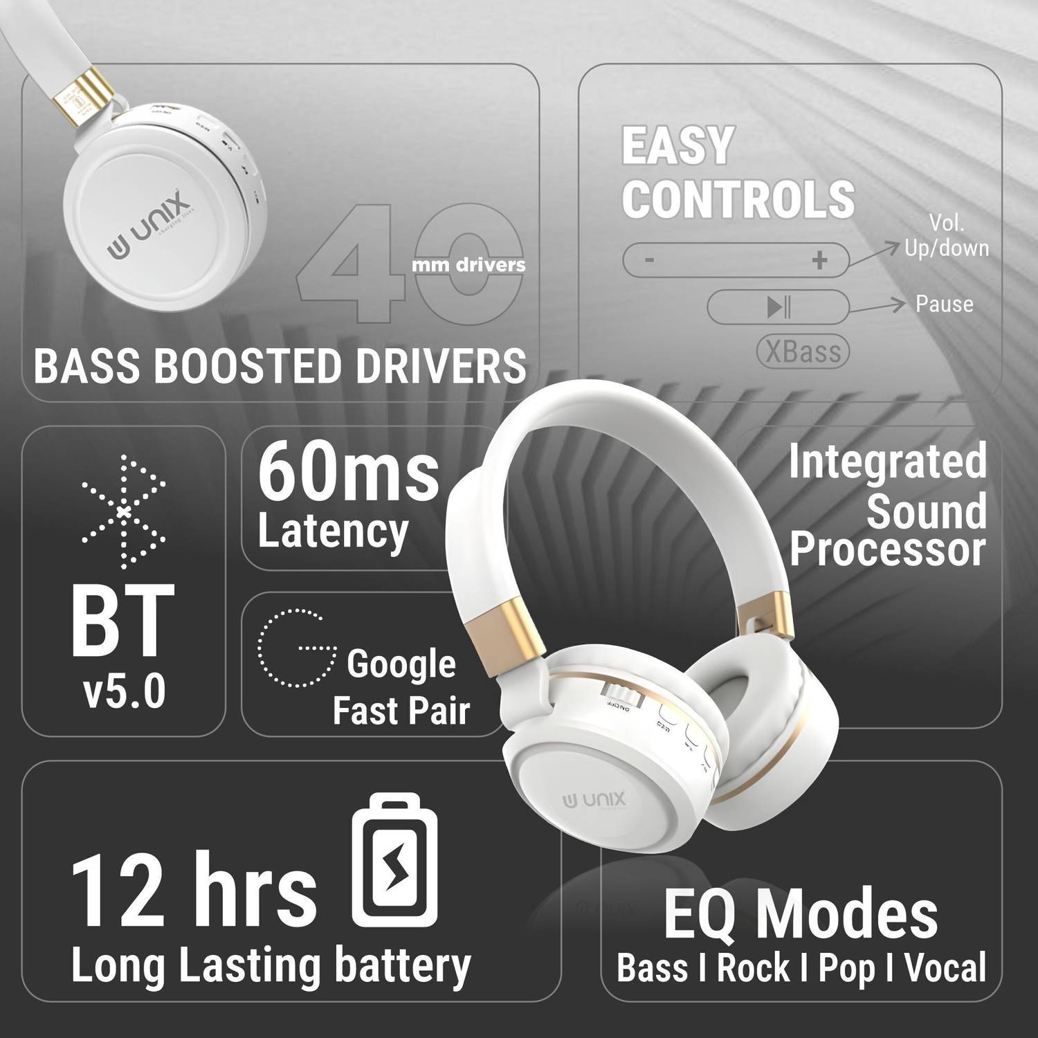 Unix Wireless Headphones 12Hrs Playtime 40MM Drivers - Image 5