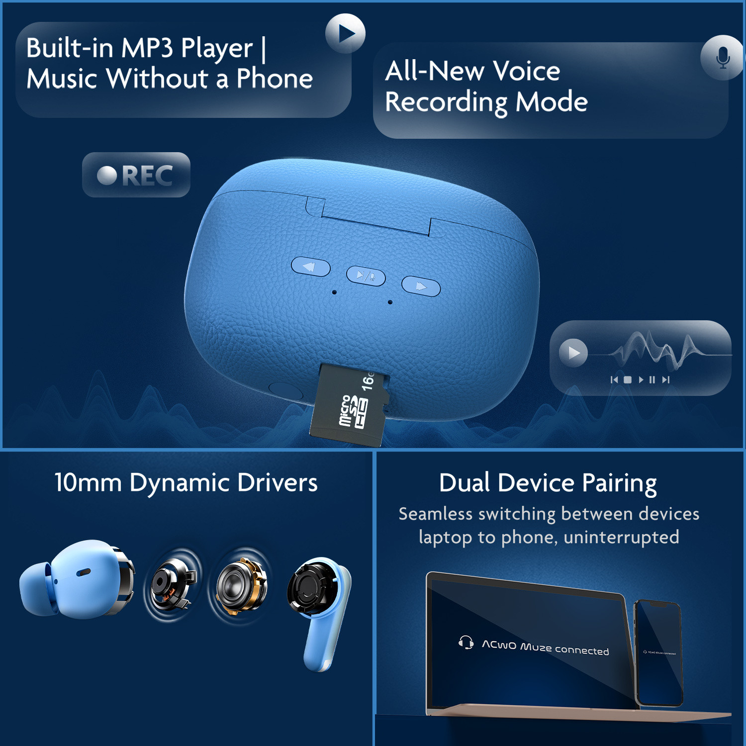 Image of ACwO DwOTS Muze: In-Built MP3 Player, TF Card, Recording, Live Listening, 45H Plytm Bluetooth