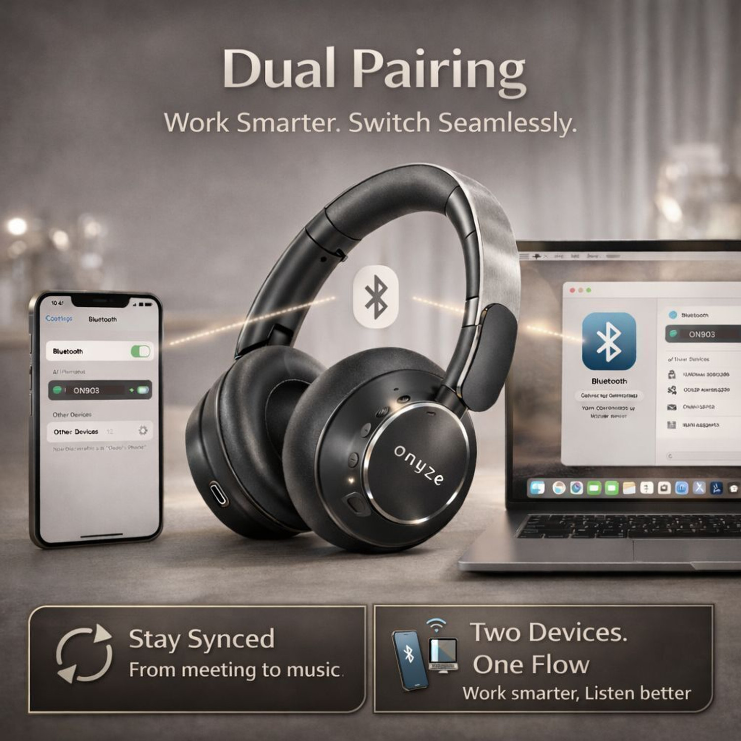 Image of ONYZE ON903 VORIC,Foldable Premium Design,60Hplaytime,ANC,DualPairing,40mmDriver,BT5.4 Bluetooth & Wired