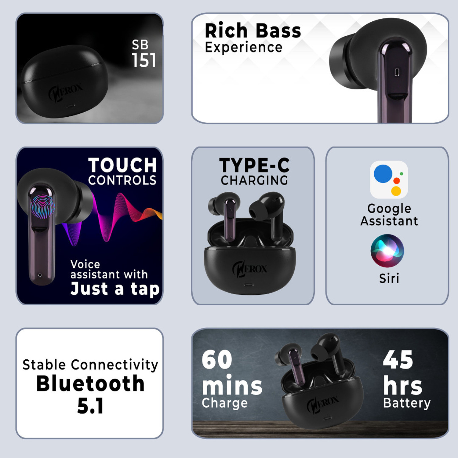 Image of WEROX WX-236 TWS Earbuds 48H Playtime with Dolby Atmos, 12.4 mm Dynamic Bluetooth Gaming