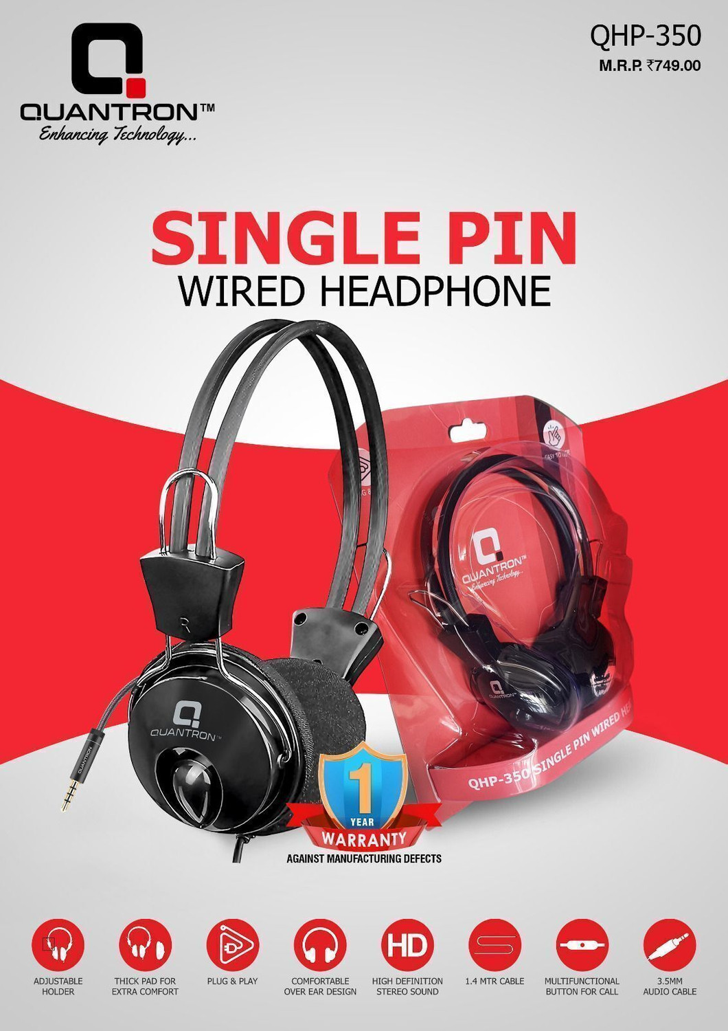 Image of Quantron QHP-350, SINGLE PIN WIRED HEADPHONE. Wired without Mic Headset (Black, On the Ear)
