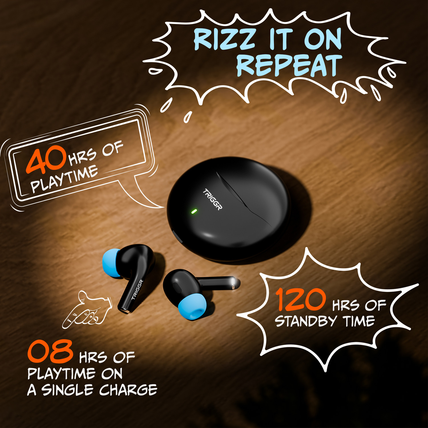 Image of TRIGGR Rizz with 40H Playback, Spherical Design, 13mm Drivers, Rich Bass, Fast Charging Bluetooth