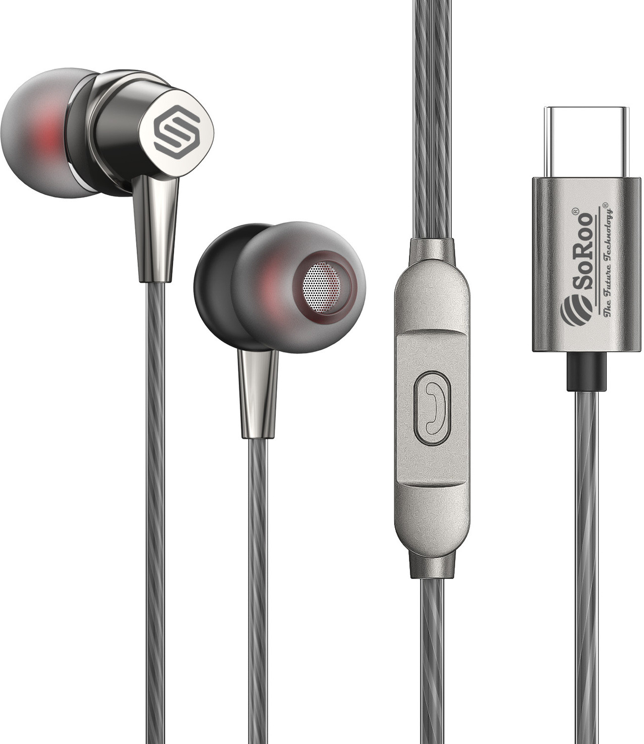 Image of Soroo Future Type-C Wired Earphones with HD Sound & Bass, In-Line Mic & Tangle-Free Earbud Wired
