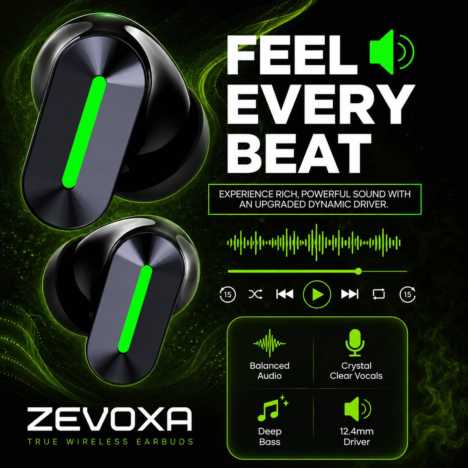 ZEVOXA FlyPods Immersio Wireless Earbuds Black - Image 3