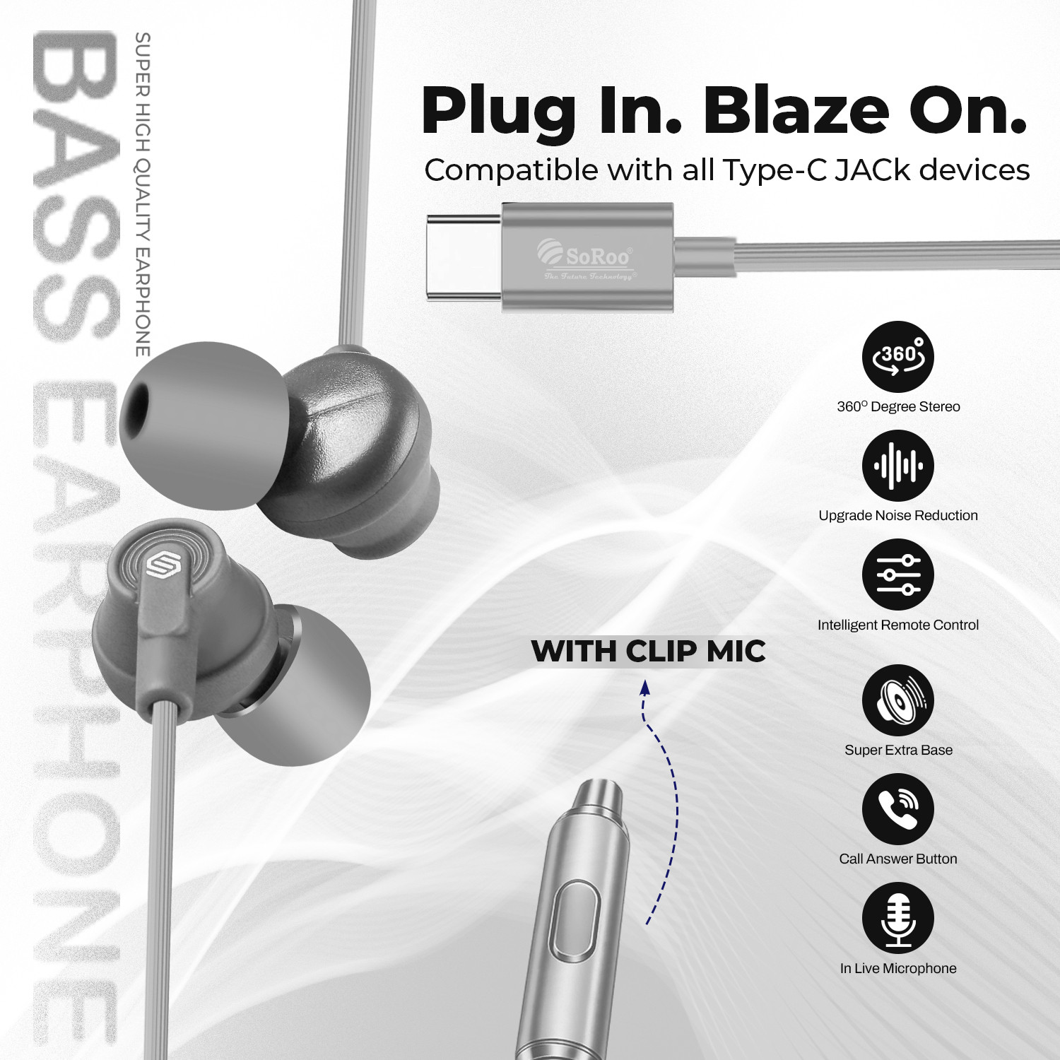 Image of Soroo Future Type-C Wired Earphones with HD Sound, In-Line Mic & Tangle-Free Magnetic Earbud Wired