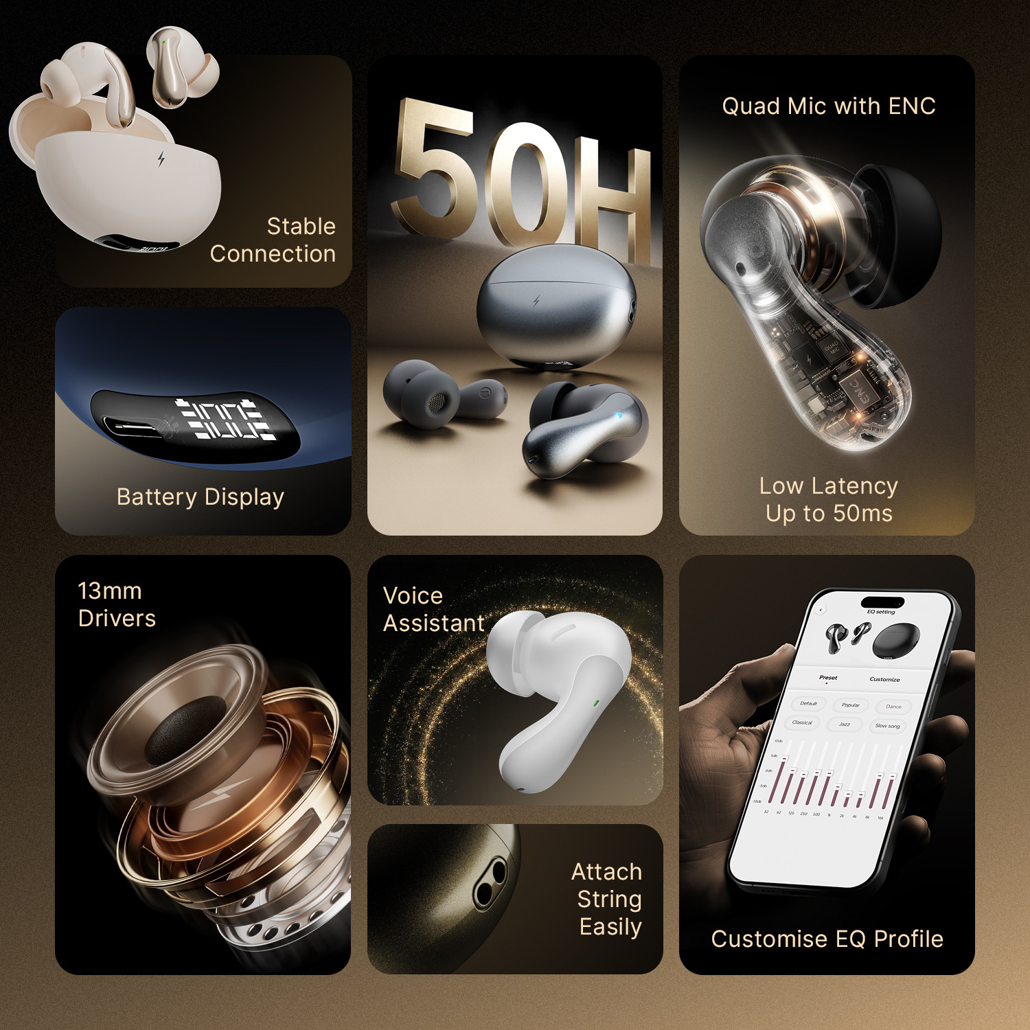 Image of Fire-Boltt Aero Drift TWS Earbuds, Custom EQ Profiles 50H Battery Display Case Quad Mic ENC Bluetooth
