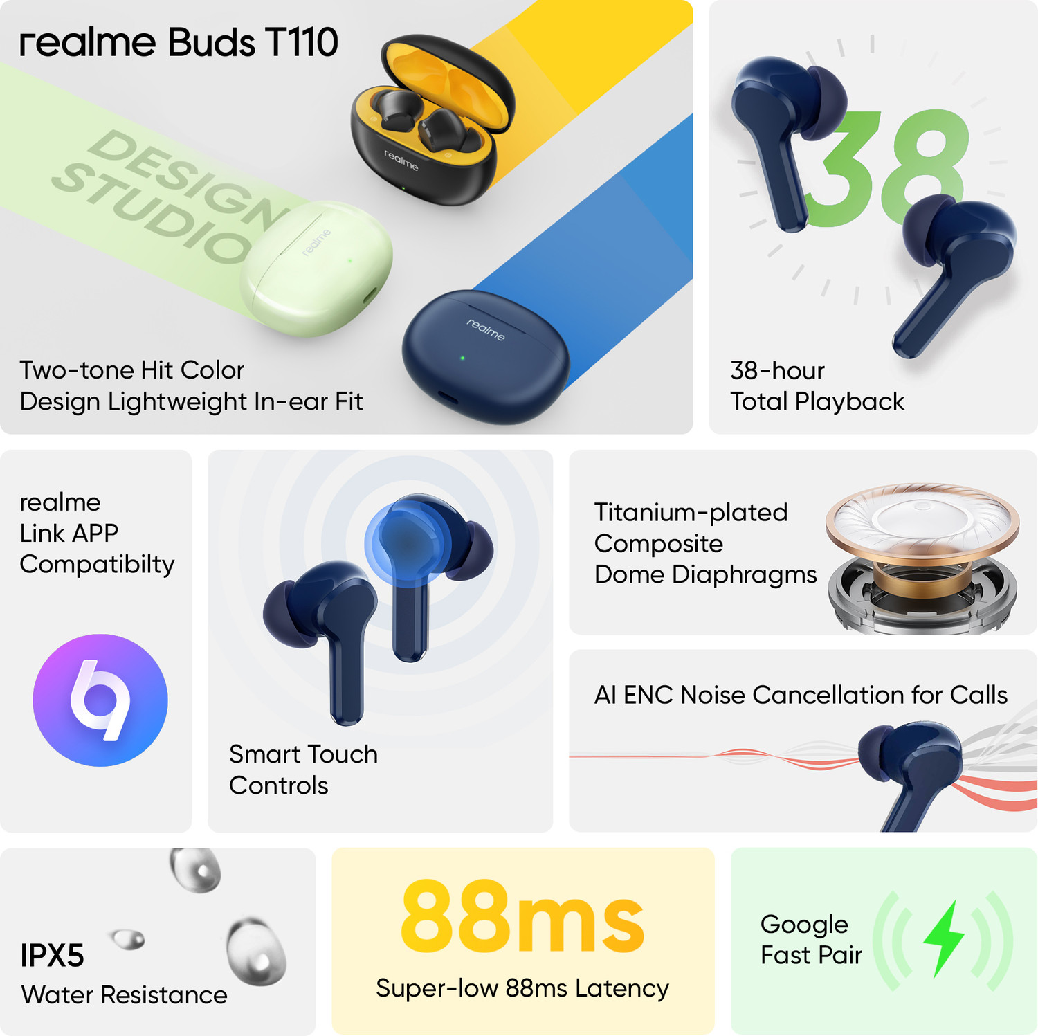 Image of realme Buds T110 with AI ENC for calls, upto 38 hours of Playback and Fast Charging Bluetooth Headset (Blue, True Wireless)