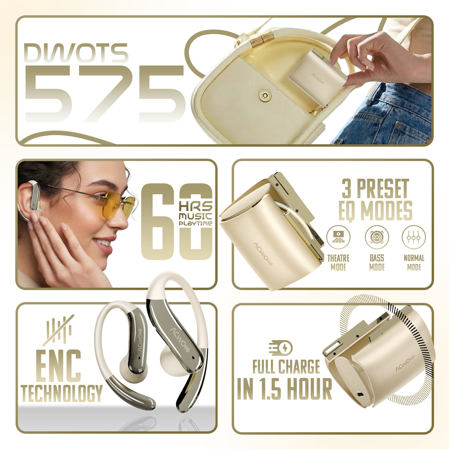Image of ACwO DwOTS 575 Open Ear Earbuds (OWS), 60H Playtime, ENC, 10mm Drivers, IPX5 Bluetooth