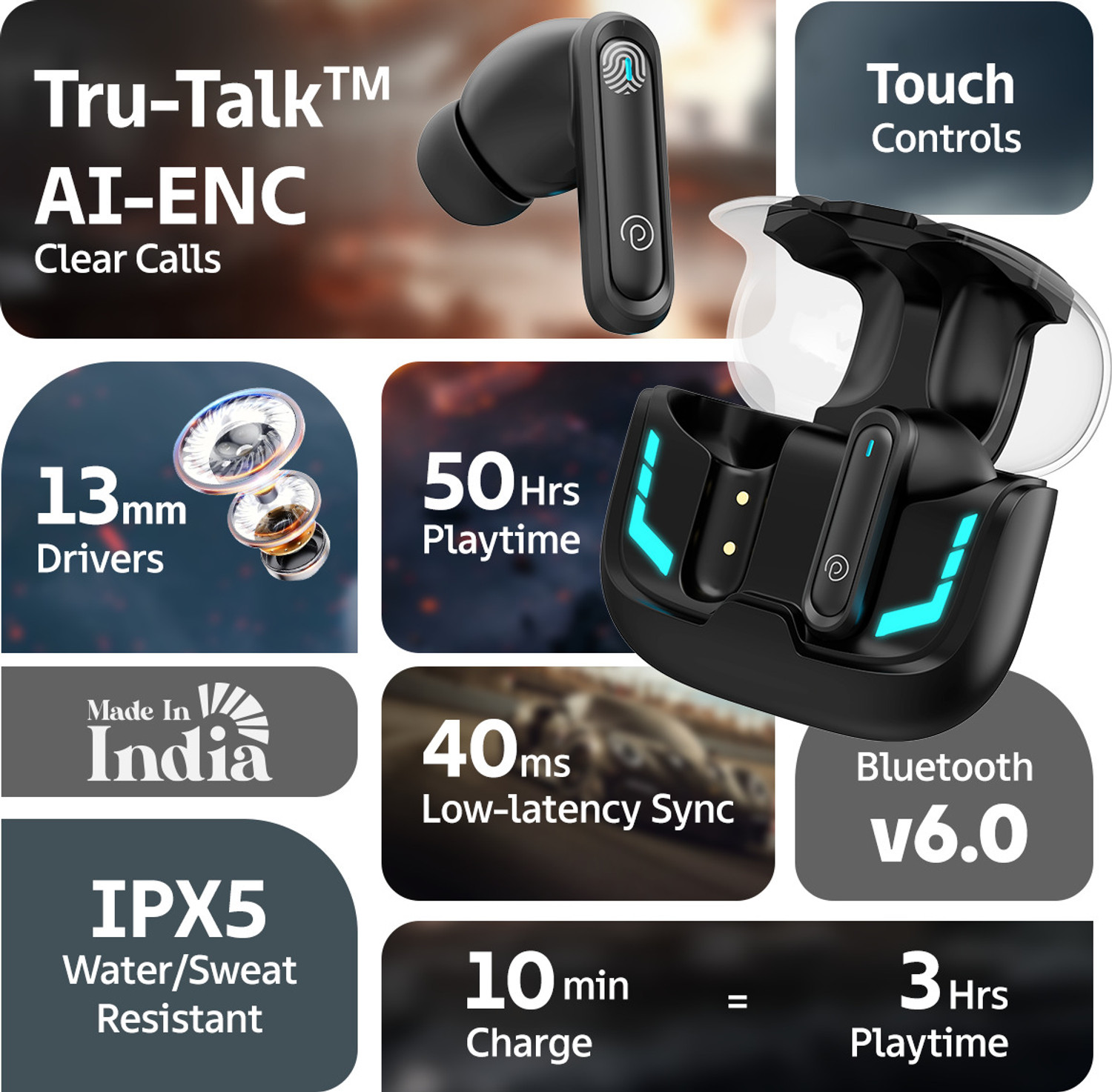 Image of PTron Bassbuds Turbo w / 50hrs Playtime, AI-ENC Clear Calls, Custom EQ,40ms Low-Latency Bluetooth