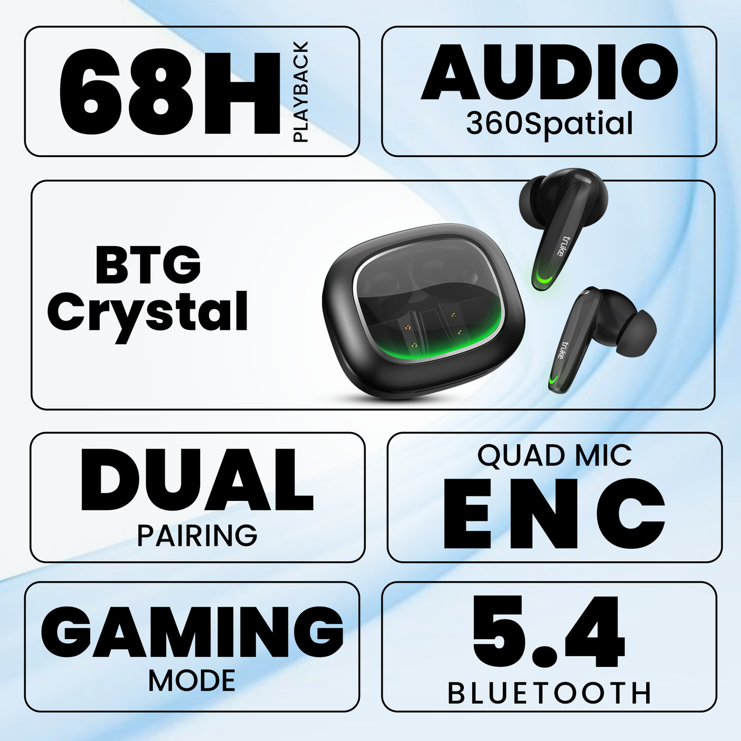 Image of truke BTG Crystal V2 buds w / 68H Battery, RGB LEDs, Game Mode, Dual Pairing, 4Mic ENC Bluetooth