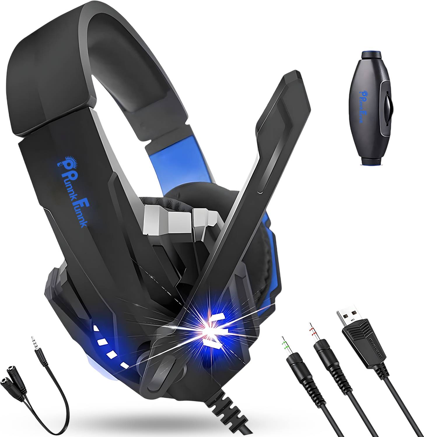 PunnkFunnk Wired Gaming Headset with 50mm Drivers RGB LED Noise Reduction Mic for PC Laptop Wired Gaming