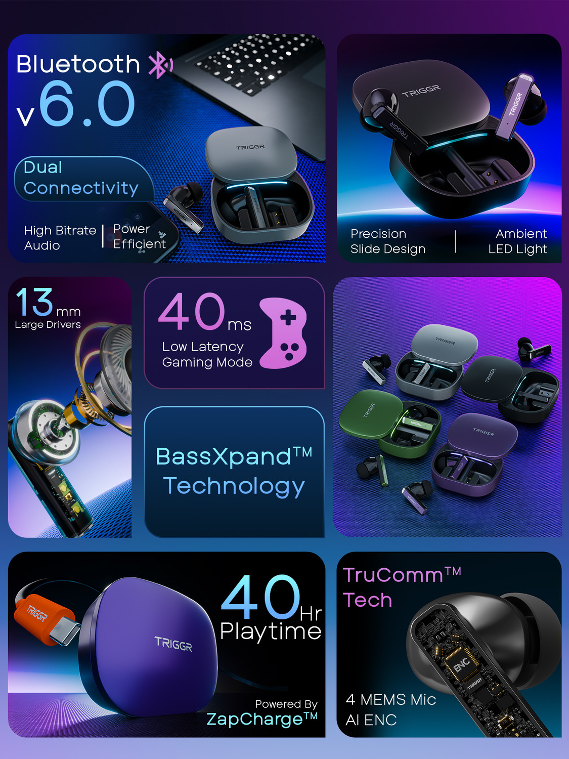 Image of TRIGGR Zion 1 with 4-Mic ENC, Dual Pairing, 40H Battery, Precision Slide Design, v6.0 Bluetooth